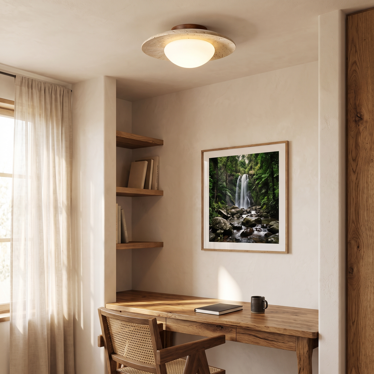 Bali travertine ceiling light above a study nook with an oak desk and rattan chair
