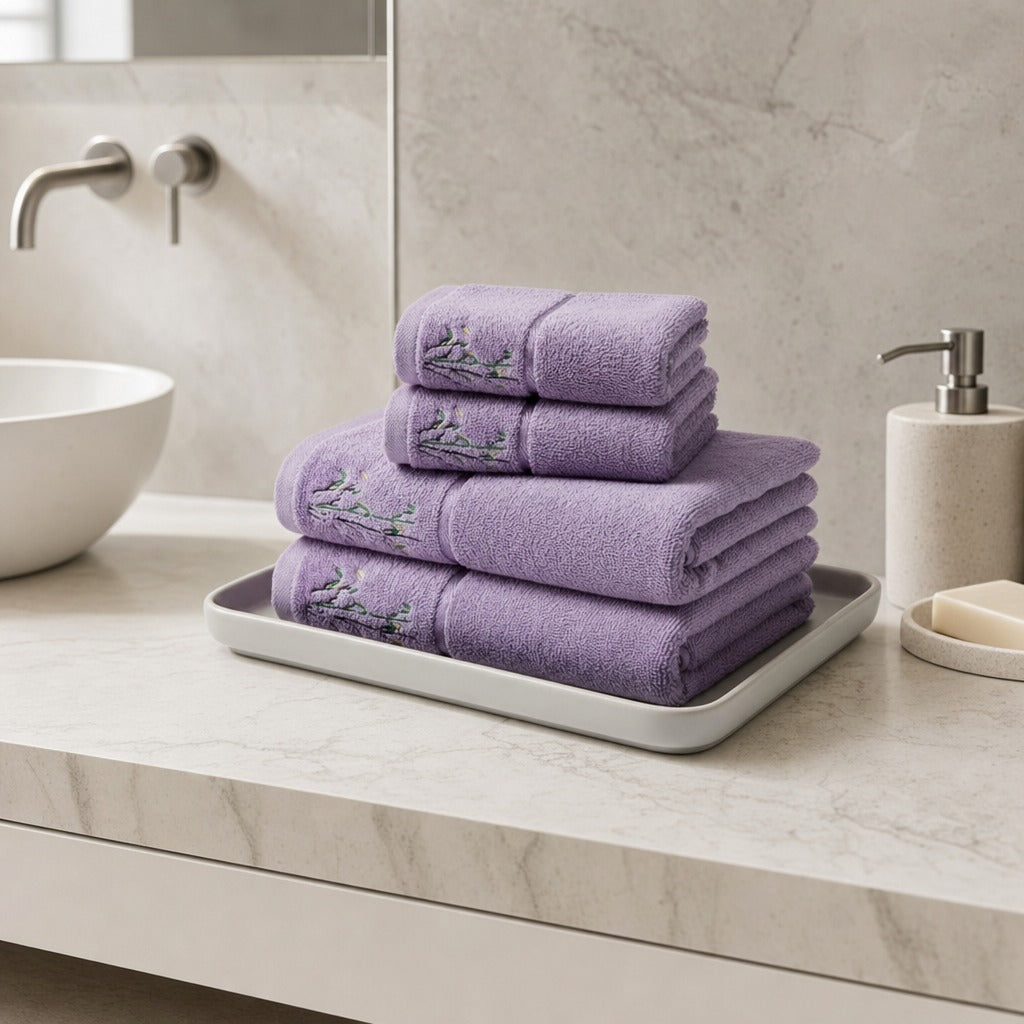 Bamboo face and bath towel set in purple with embroidered leaves on a tray on a marble vanity