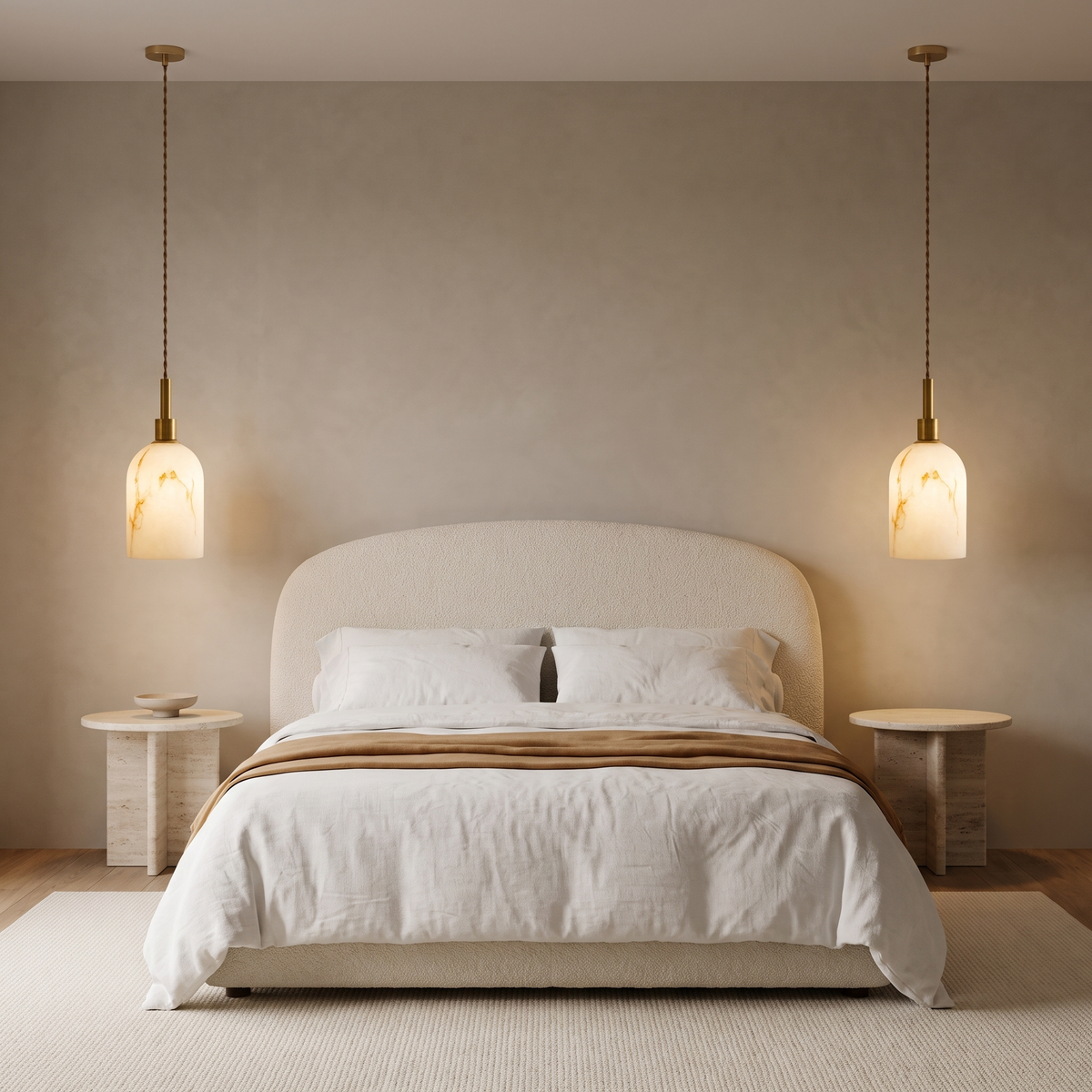 Pair of Banyjima Model A faux alabaster pendants with brass necks as bedside lights