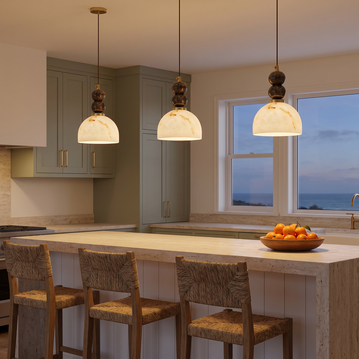 Three Banyjima Model E faux alabaster dome pendants with marble spheres over a breakfast bar