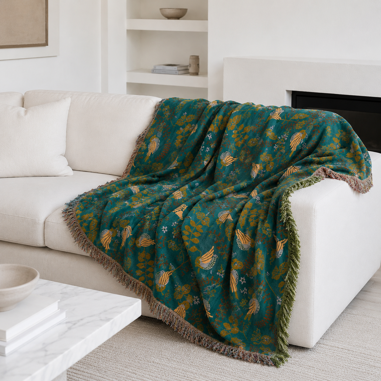 Barwon Cotton Throw Blanket draped over a bed, showing its reversible design