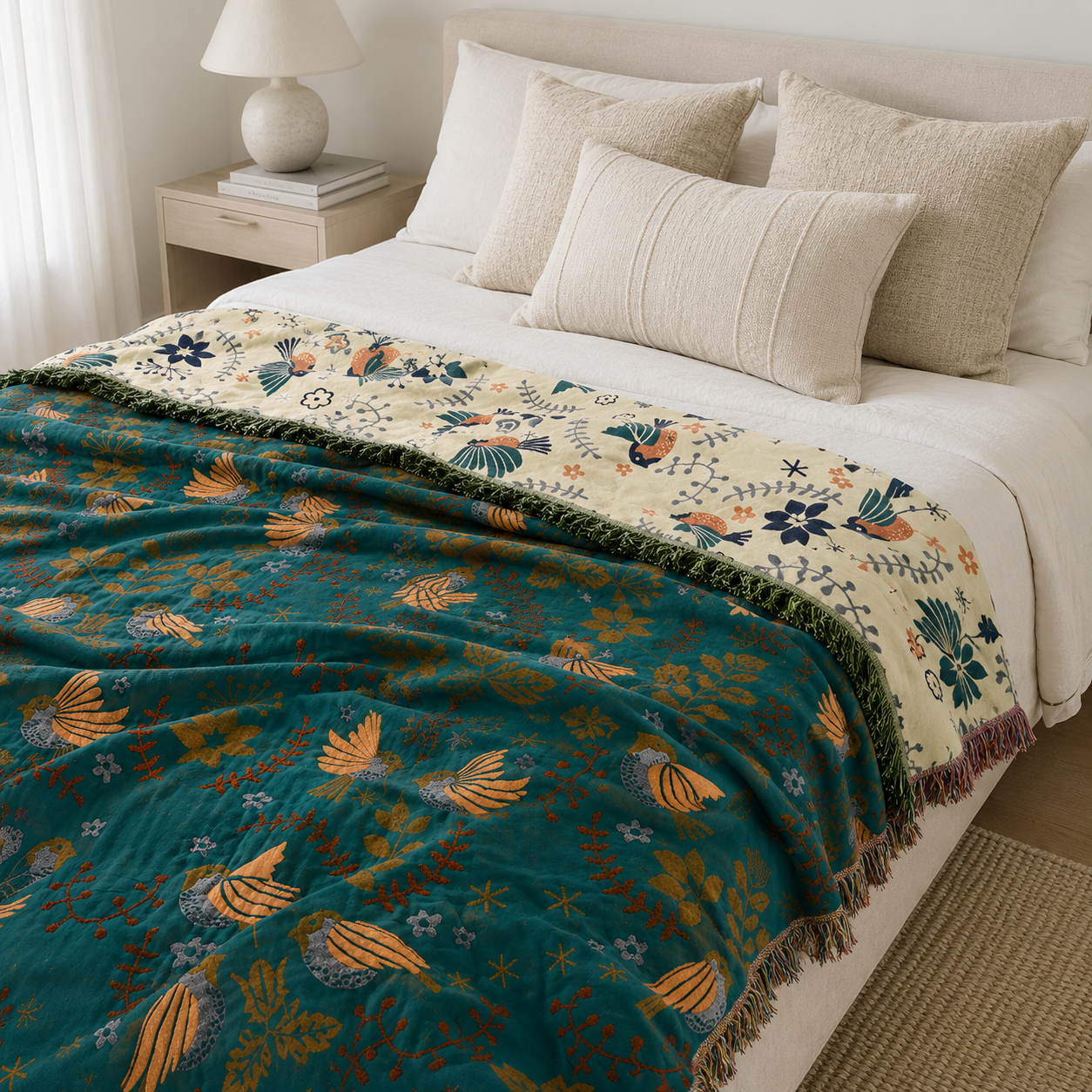 Barwon Cotton Throw Blanket close-up showing the embroidered pattern