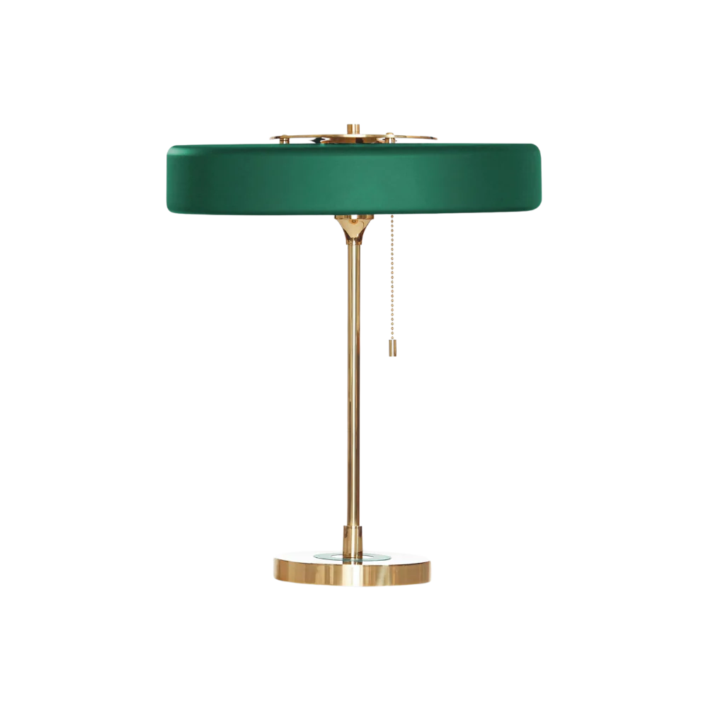 Baya minimalist table lamp showing the three G9 lights under the disc shade