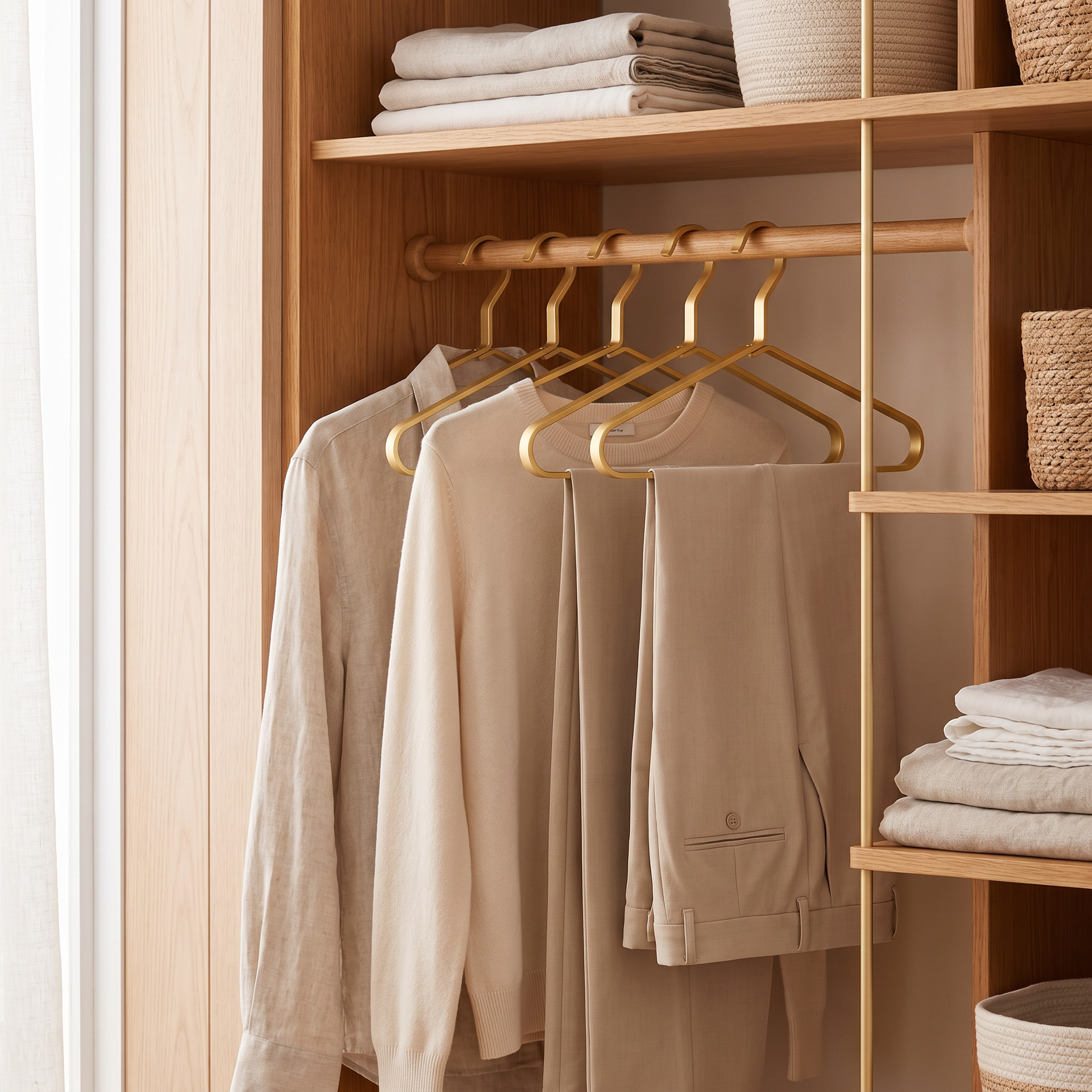 Bea gold slimline clothes hangers on a wardrobe rail holding neutral garments in a coastal home
