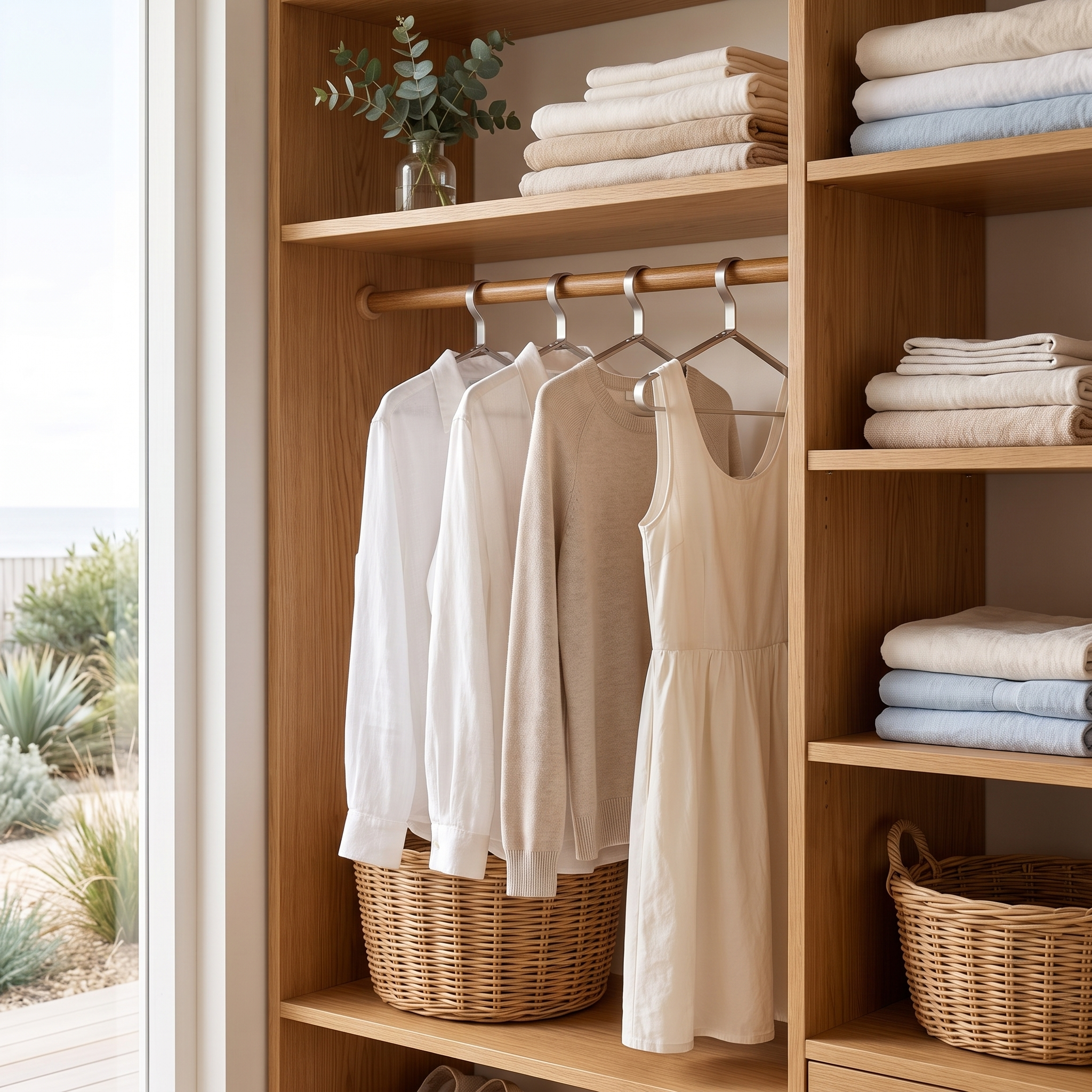 Bea silver slimline clothes hangers on an oak wardrobe rail in a beach-house robe