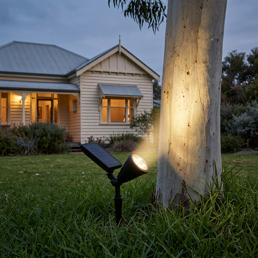 Bea solar ground spotlight staked in a lawn uplighting a gum tree, warm white