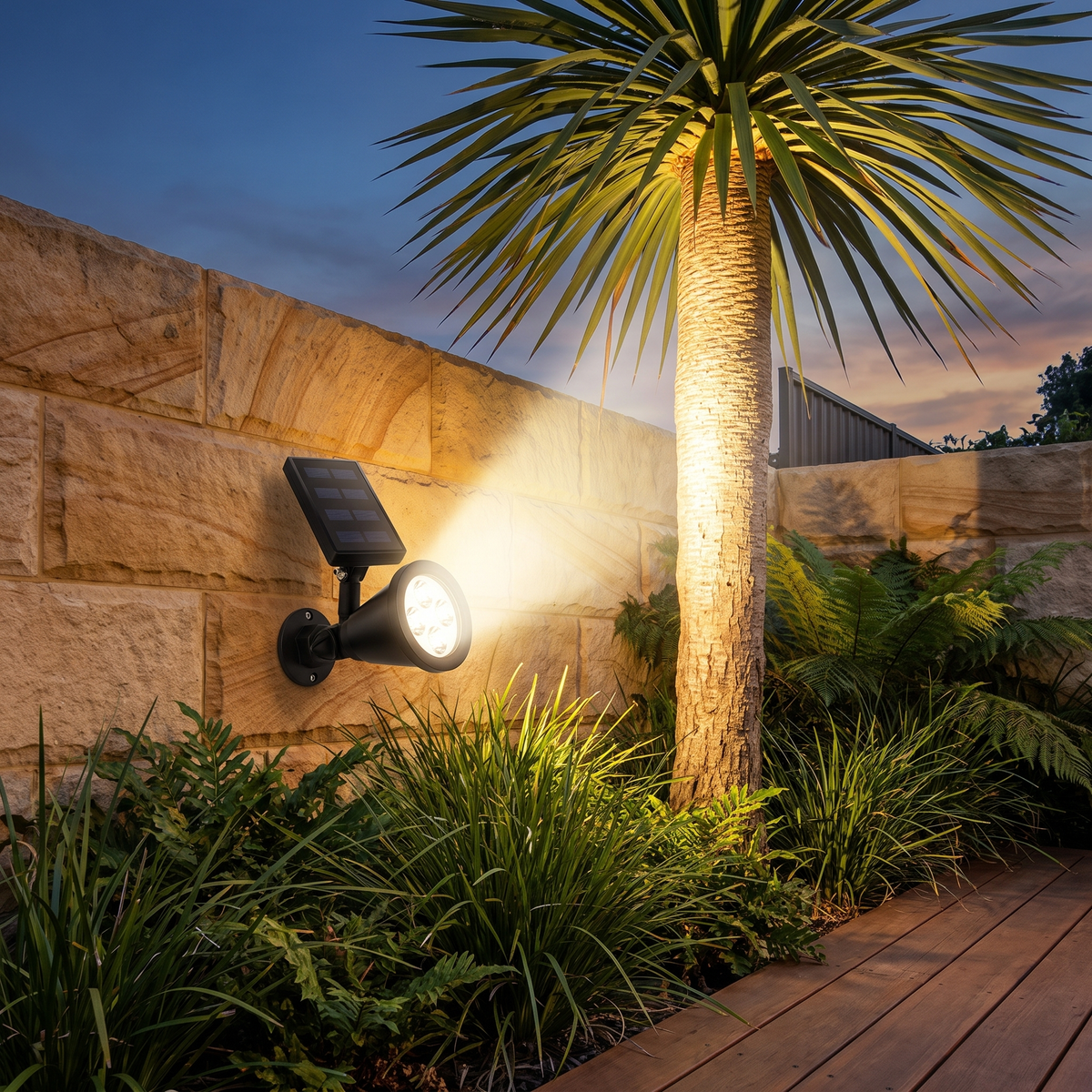 Bea solar wall spotlight uplighting a palm tree on a sandstone garden wall, warm white