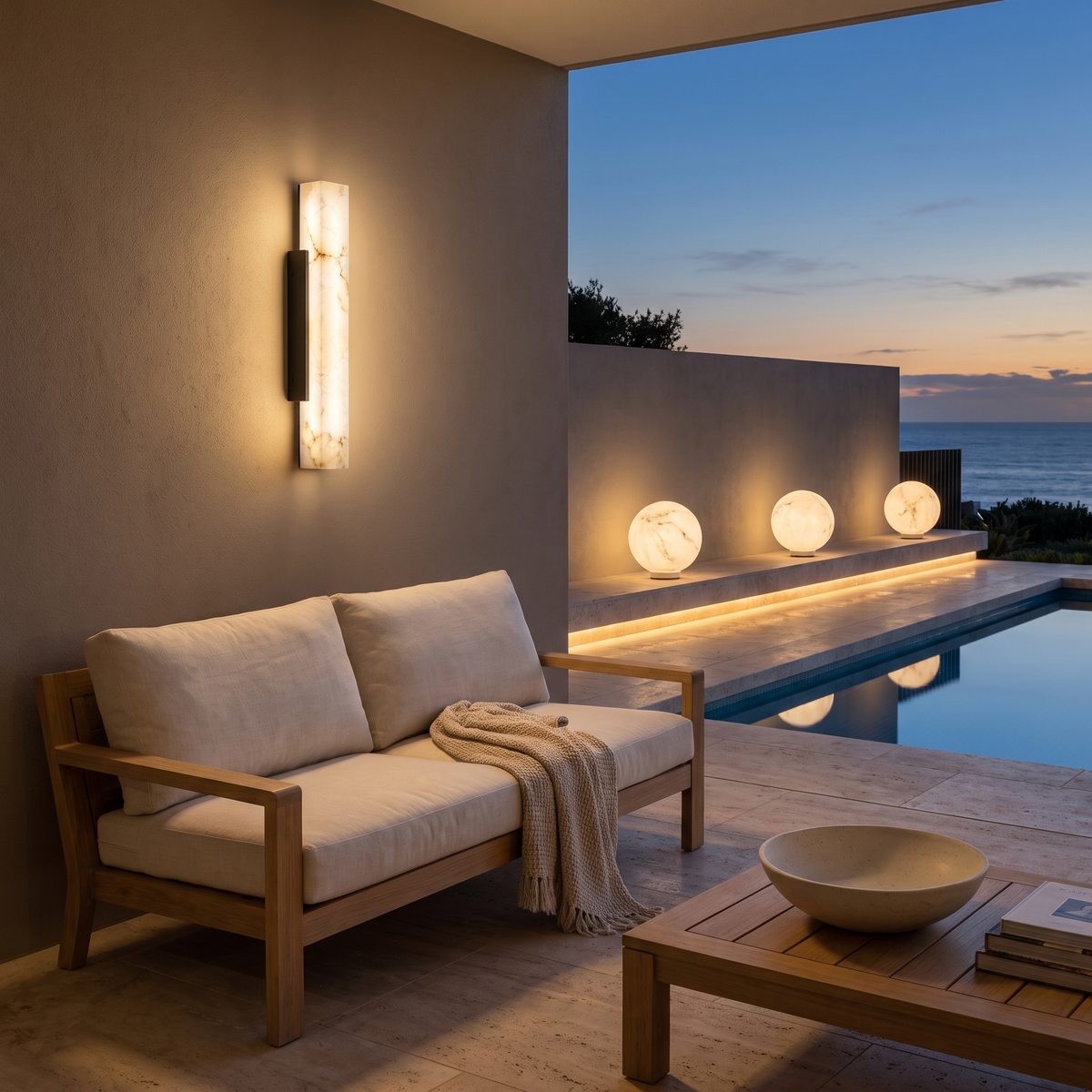 Zali marble effect wall light above an outdoor lounge with Ulu moon lights along a courtyard wall