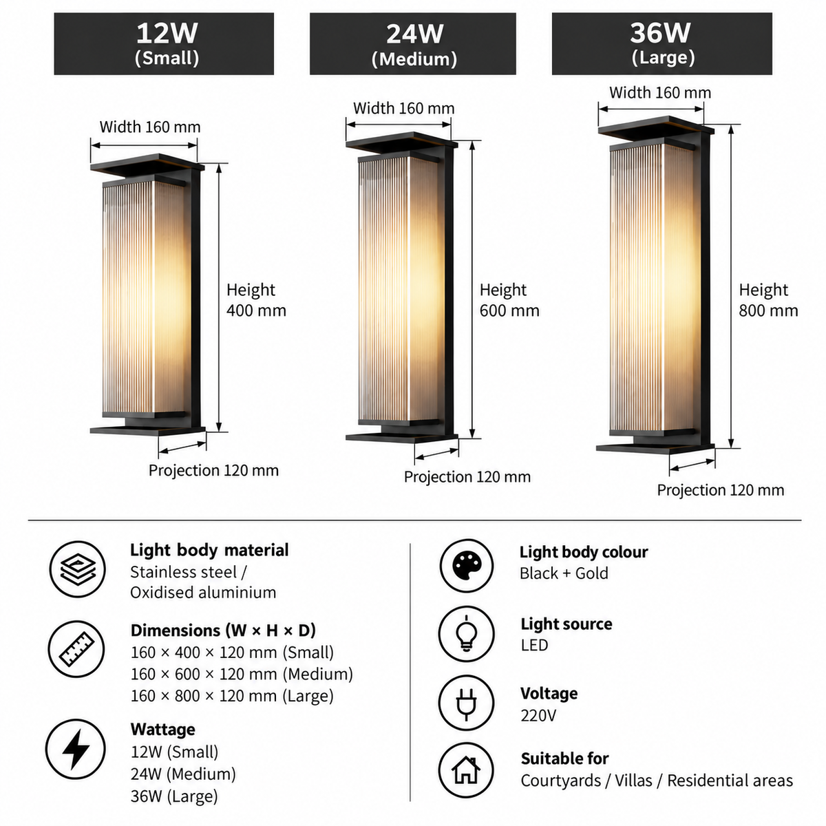 Bega outdoor wall light sizes: 16cm wide, 12cm deep, 40, 60 or 80cm high at 12W, 24W or 36W
