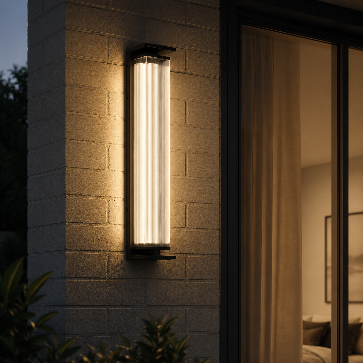 Close-up of the Bega Outdoor Wall Light's brushed stainless steel finish
