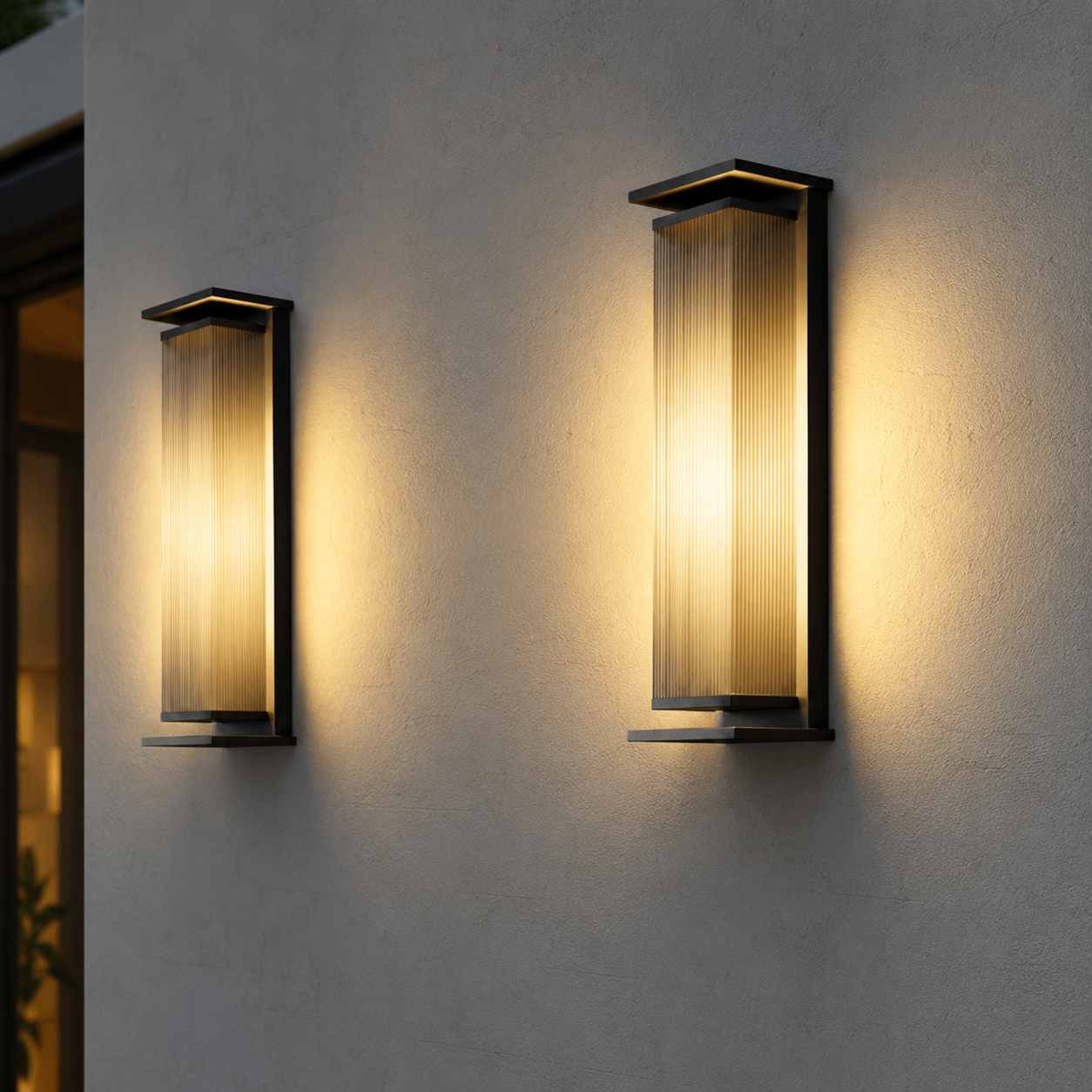 Bega Brushed Stainless Steel LED Outdoor Wall Light illuminated at night on a villa exterior
