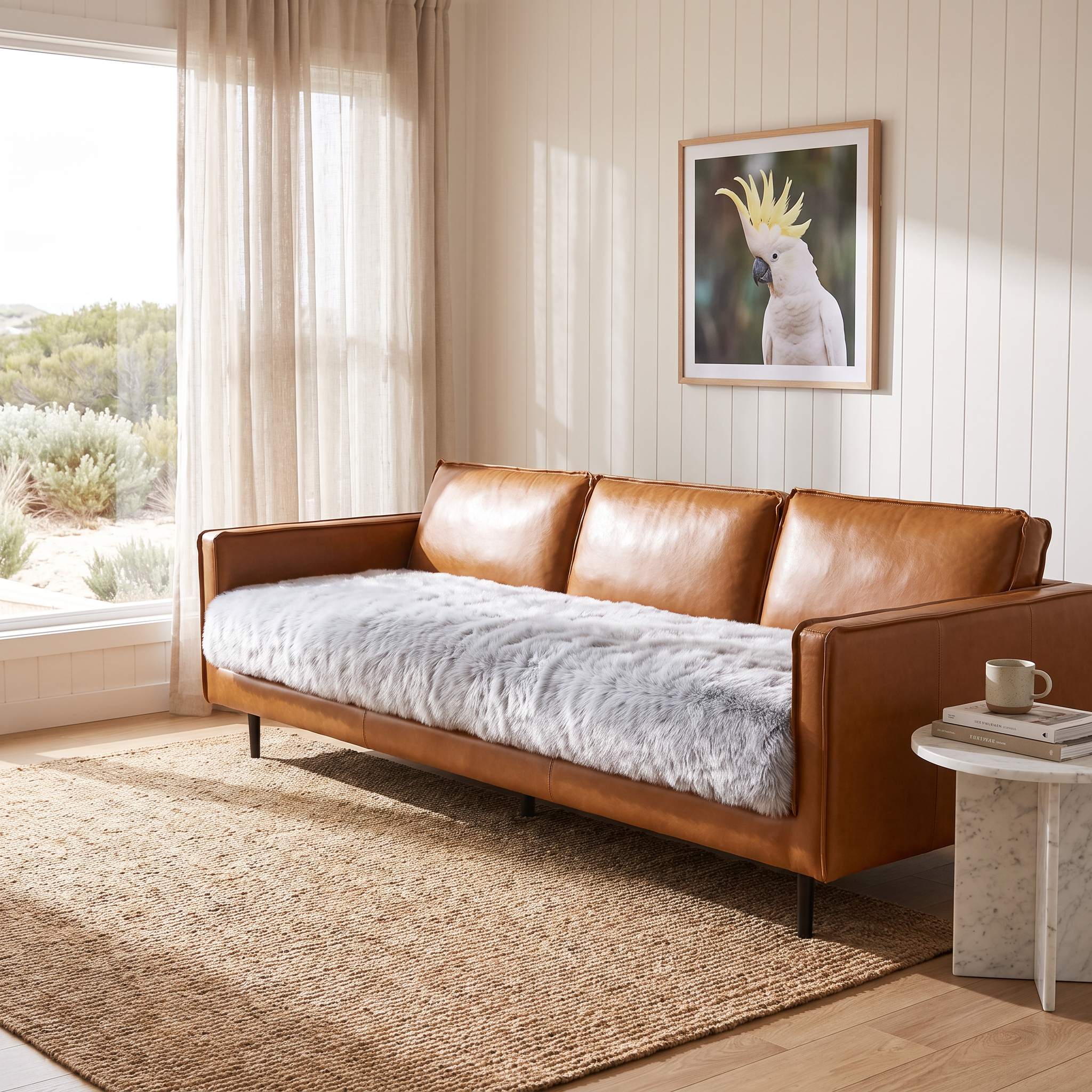 Bella faux fur plush sofa cover in white styled in a coastal Australian living room