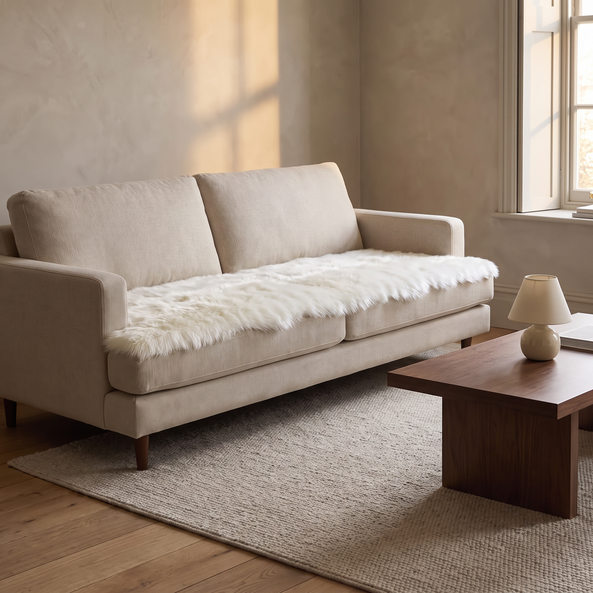 Bella faux fur plush sofa cover in yellow styled in a Scandinavian living room