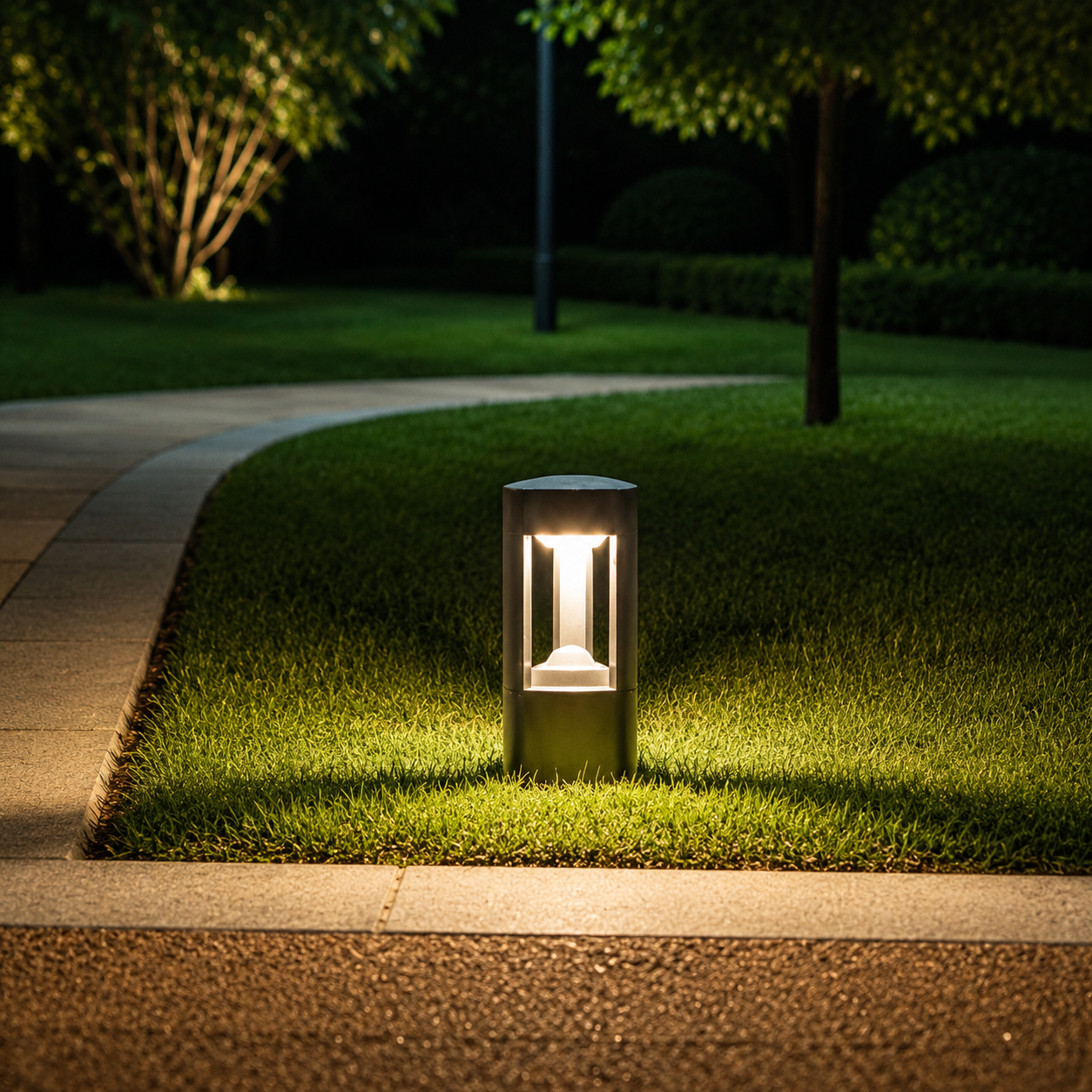 Bella LED Garden Bollard Light illuminated at night in a courtyard