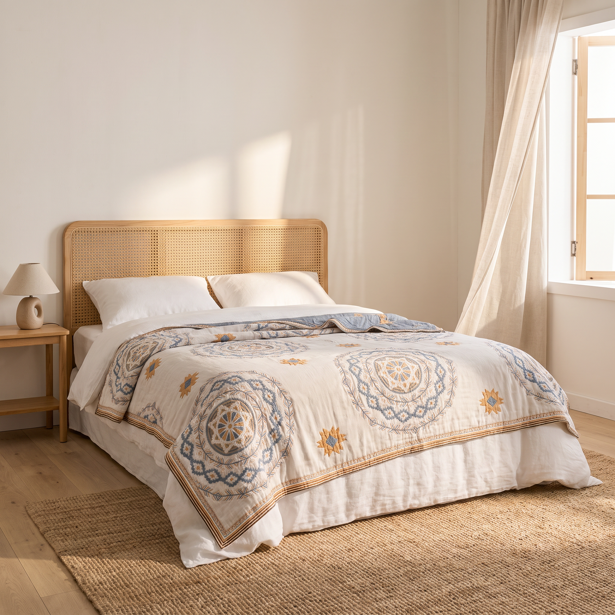 Belle mandala cotton throw blanket on a bed with a cane bedhead in an Australian beach house bedroom