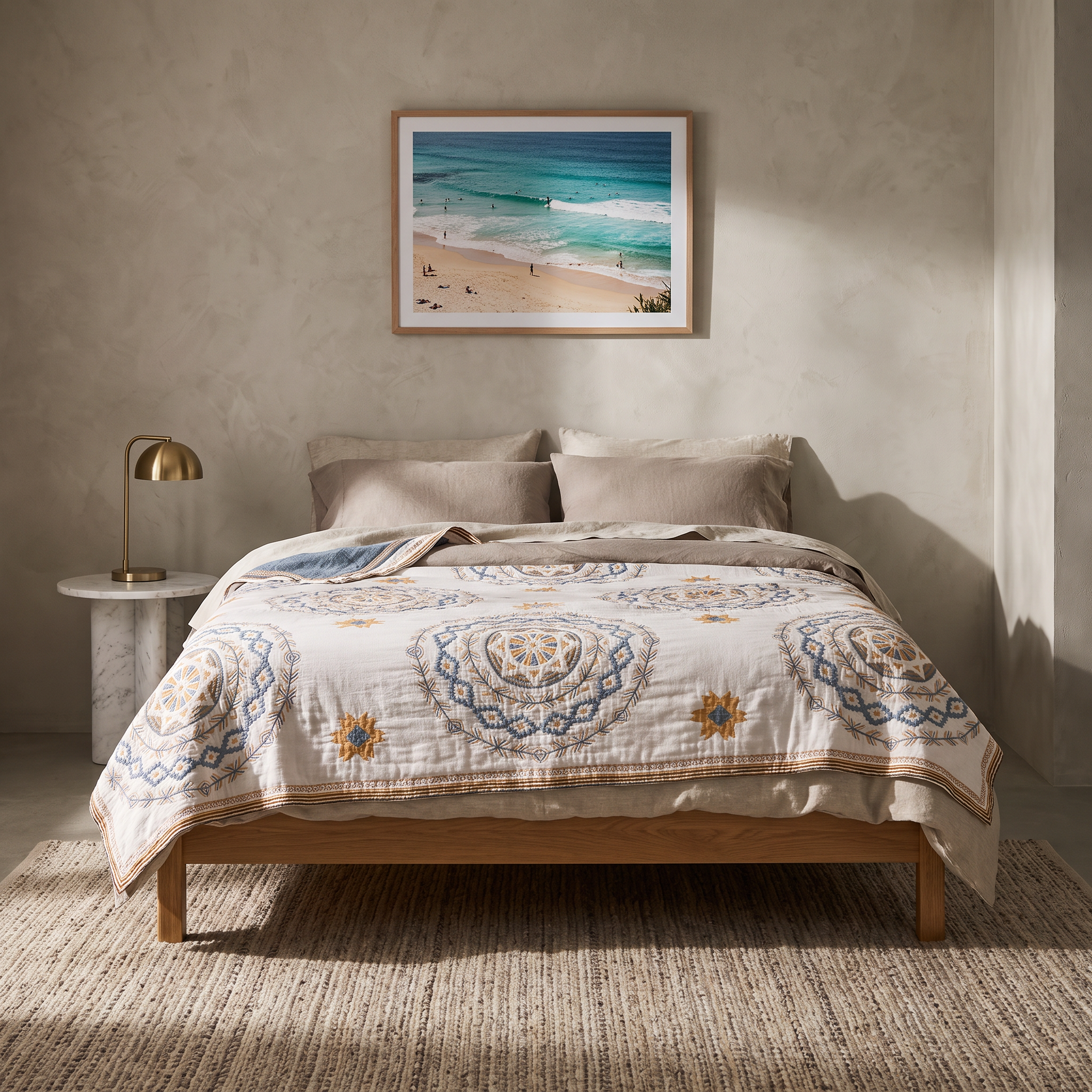 Belle mandala cotton throw blanket spread over a low oak platform bed in a warm coastal bedroom