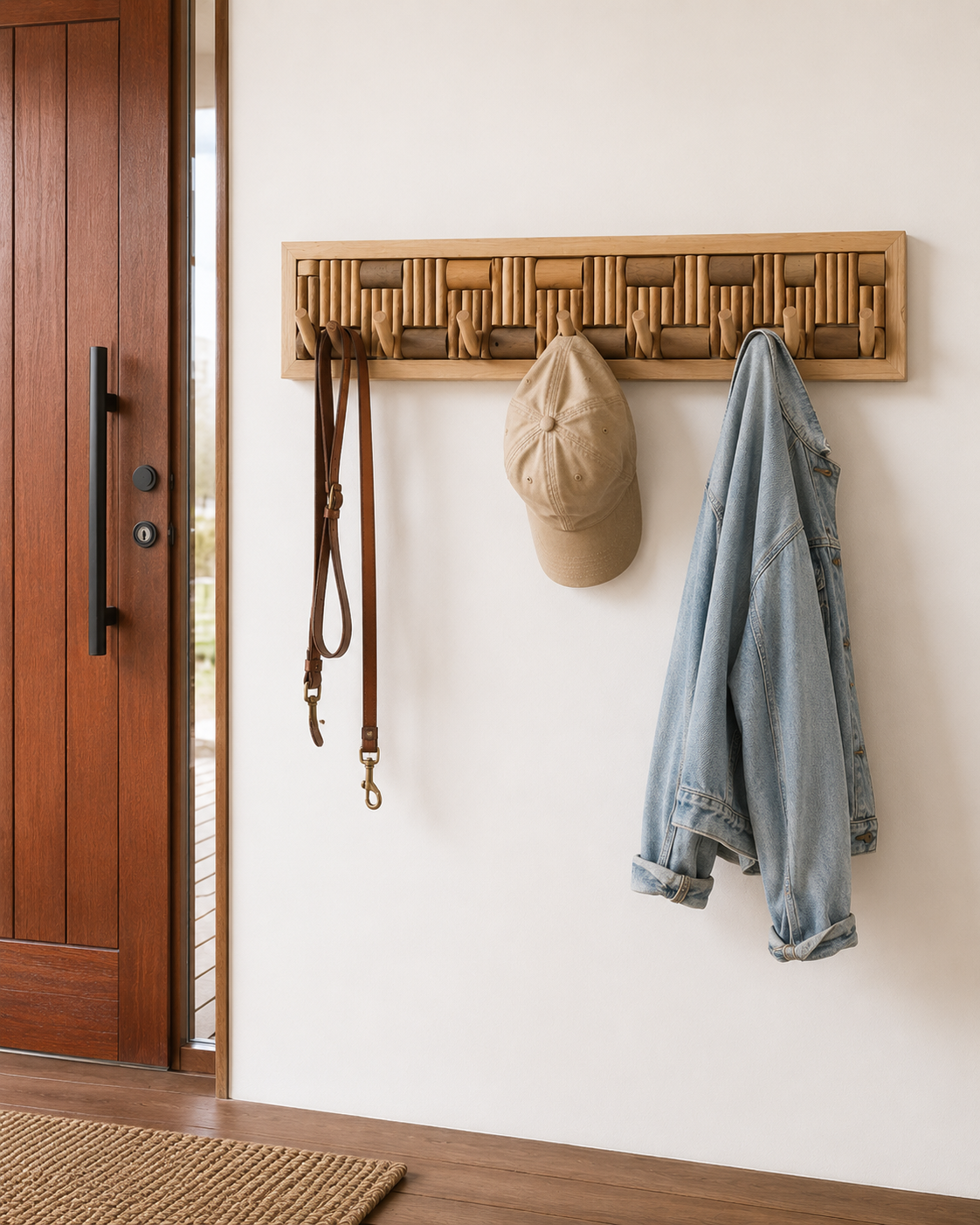 Close-up of the pine and walnut wood on the Berrin Wooden Coat Rack