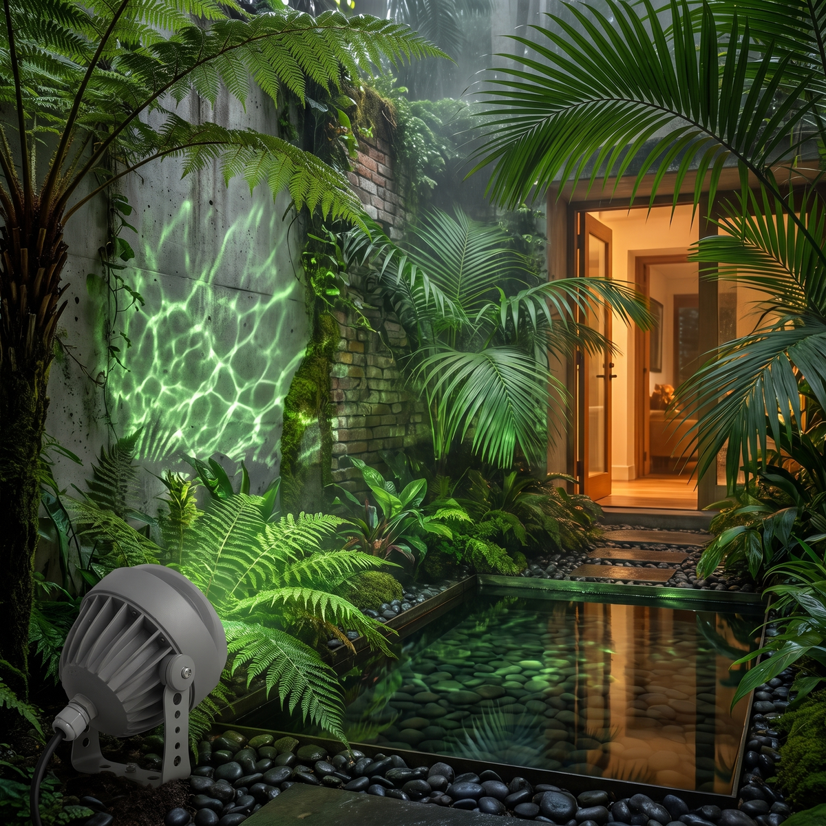 Beso outdoor ripple spotlight casting a green water ripple effect over a tropical courtyard garden