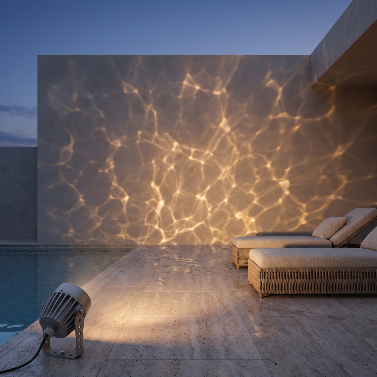 Beso water ripple spotlight projecting a warm white ripple effect onto a limewashed pool wall