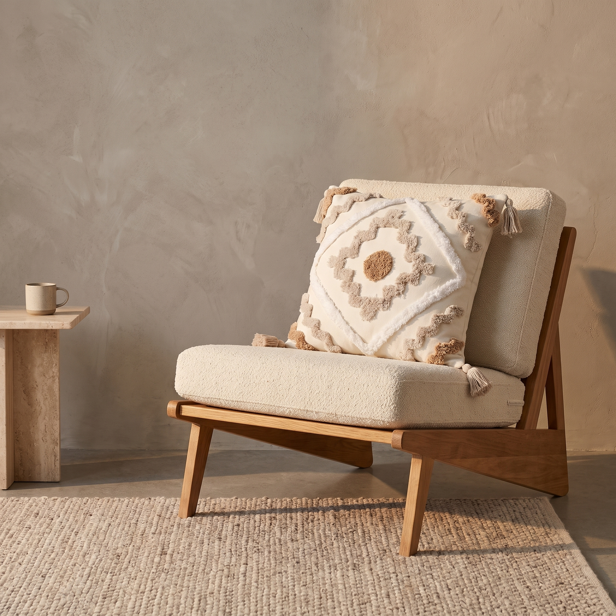 Bilgola tufted cushion cover on a boucle lounge chair in warm afternoon light