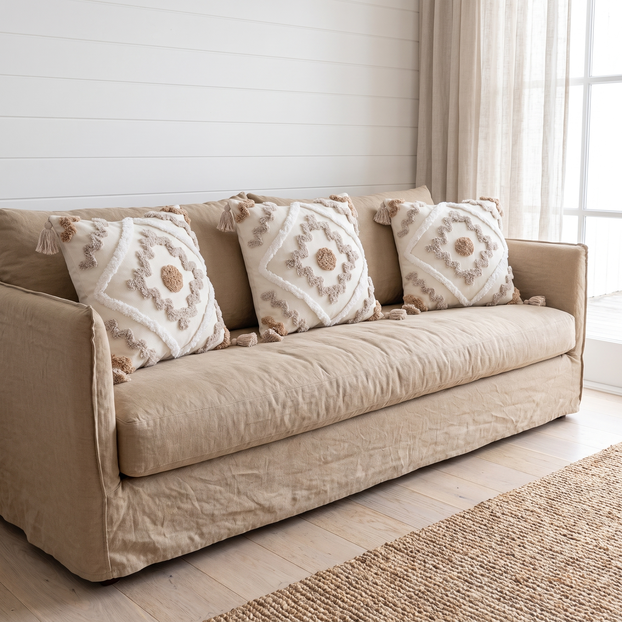 Three matching Bilgola tufted cushion covers on a sand linen sofa