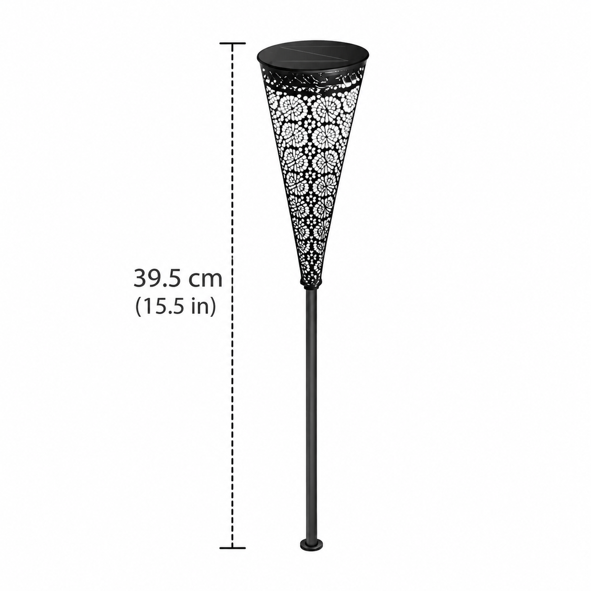 Bili Solar Garden Lights dimensions, each black lace metal cone stake light 39.5cm (15.5in) tall