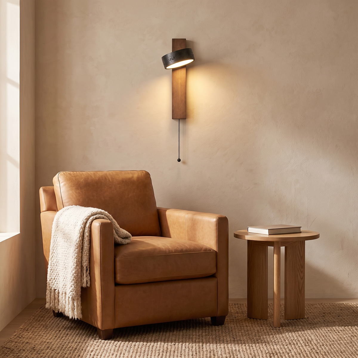 Boa pull chain wall sconce with black travertine head above a leather reading chair