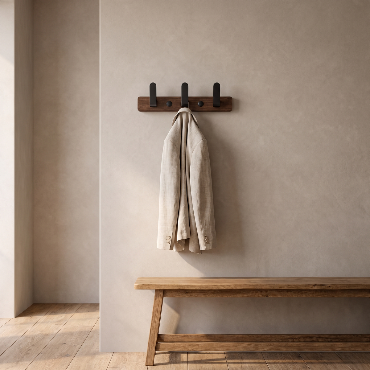 Bodhi wooden wall hooks with 3 black hooks on a walnut rail in a Scandinavian entry nook