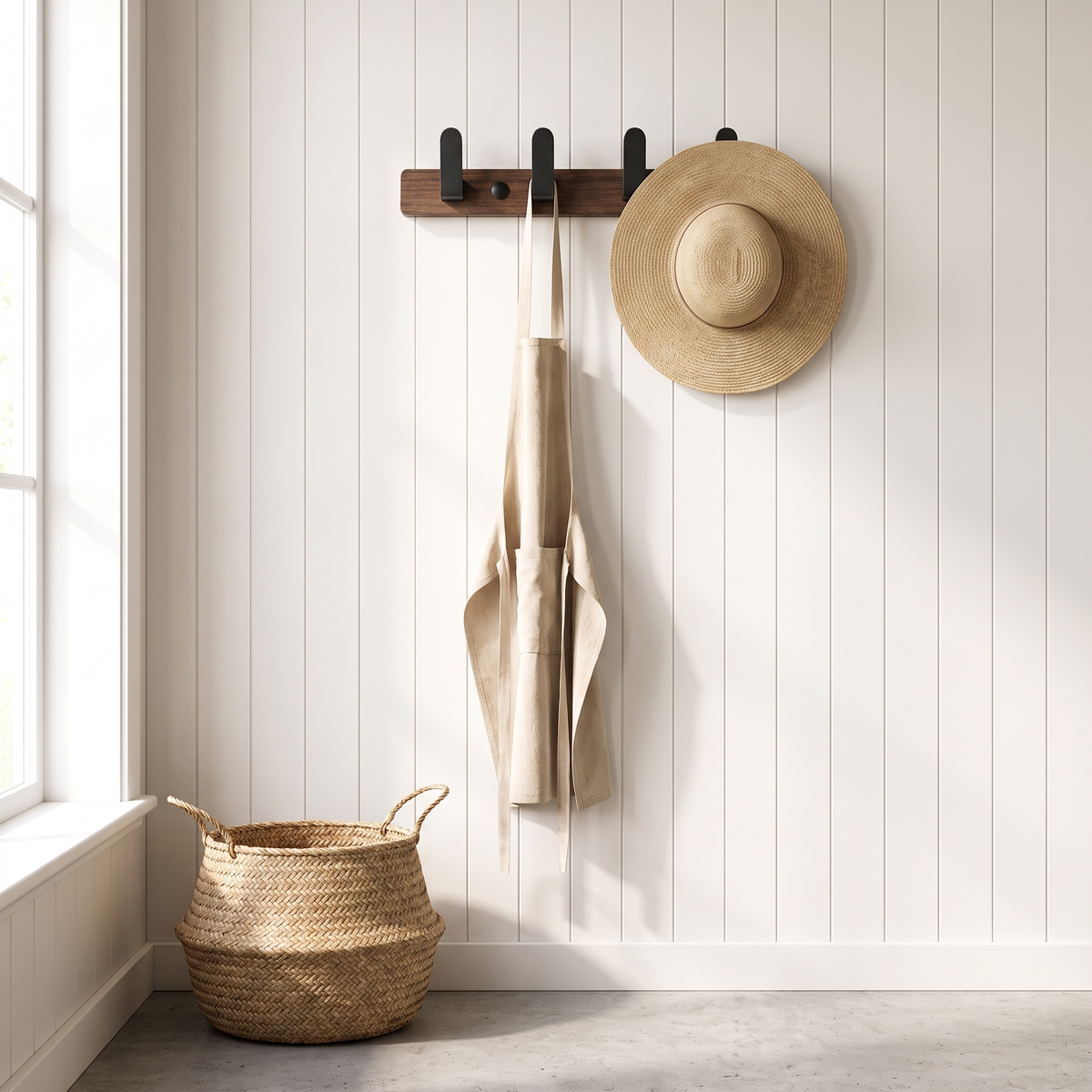 Bodhi wooden wall hooks with 4 black hooks on a walnut rail in a mudroom with shiplap walls