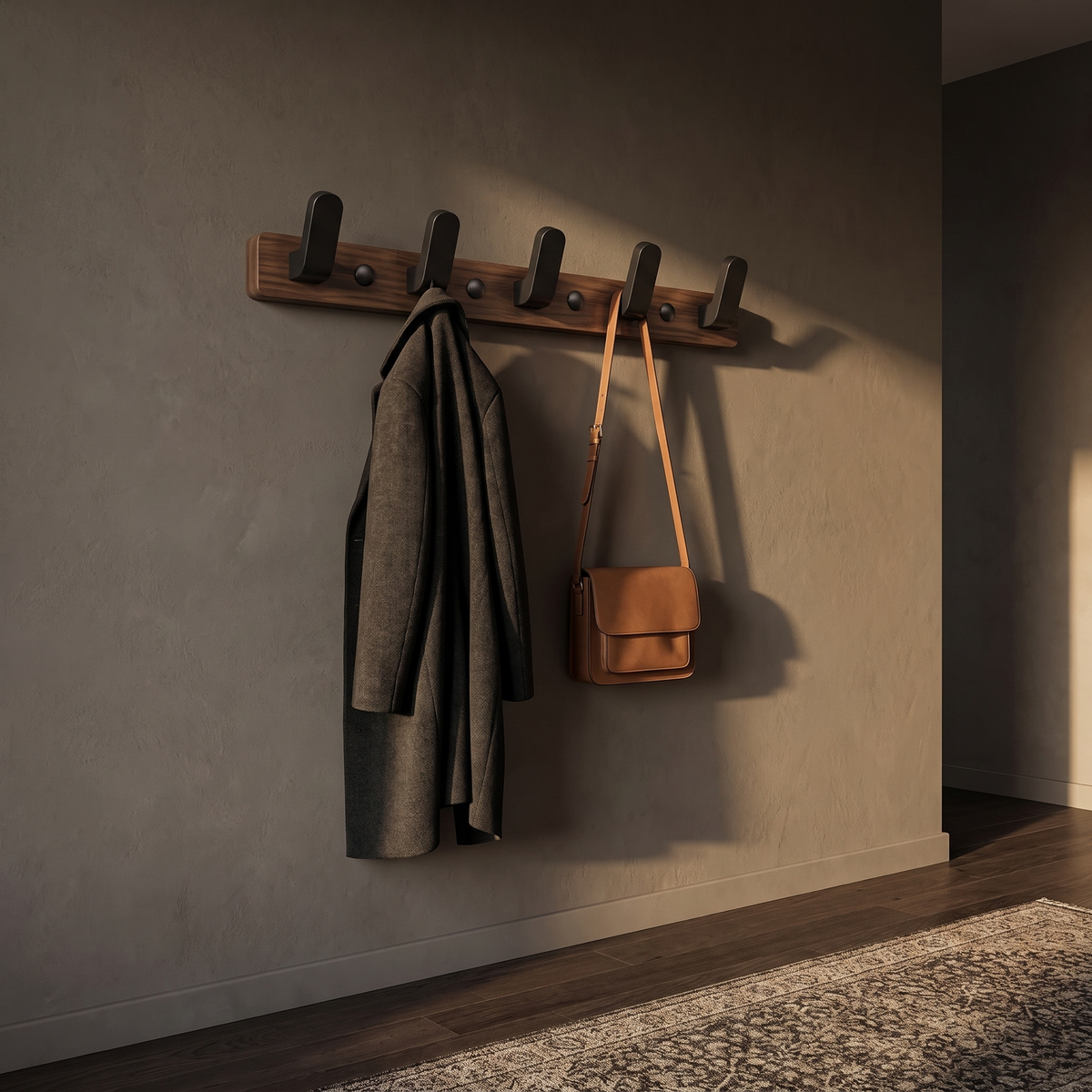 Bodhi wooden wall hooks with 5 black hooks on a walnut rail holding a coat in a hallway