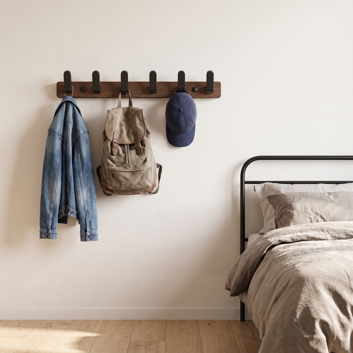 Bodhi wooden wall hooks with 6 black hooks on a walnut rail in a bedroom with a jacket and backpack