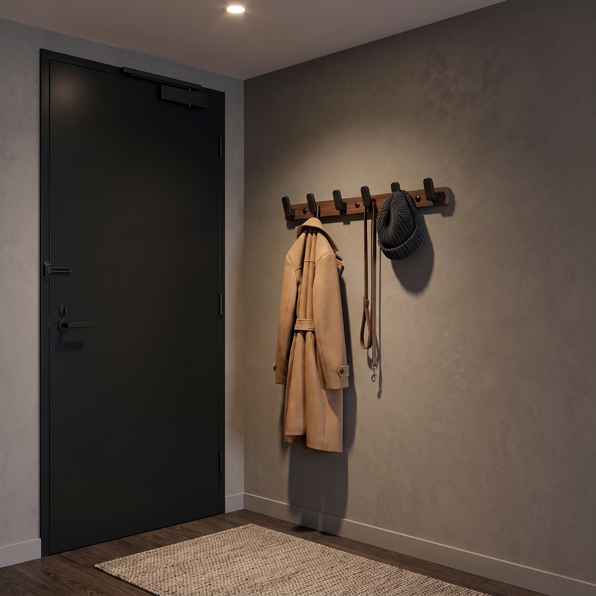Bodhi wooden wall hooks as a coat rack beside a black front door in an apartment entry