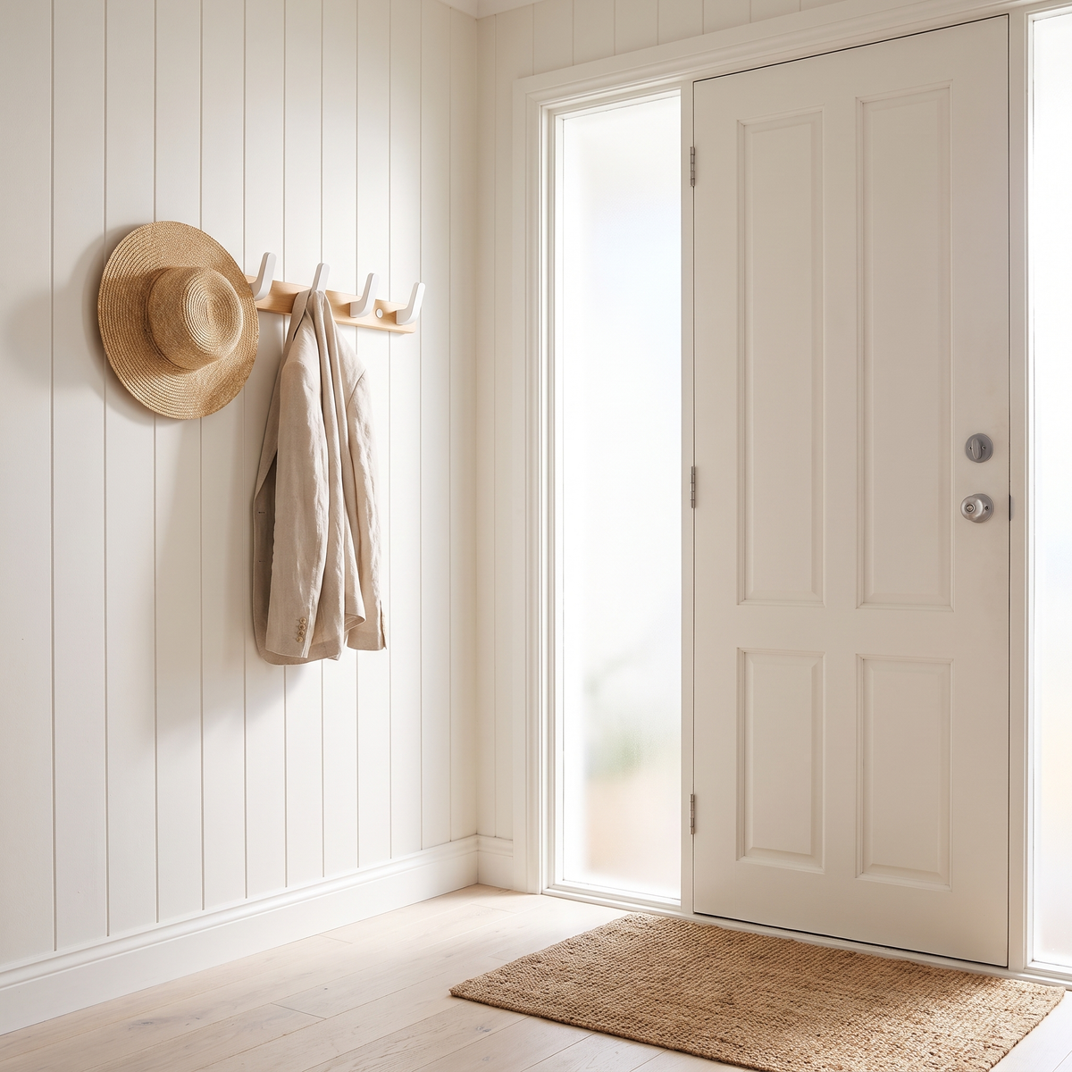 Bodhi wooden wall hooks as an entry coat rack beside a white front door in a beach house