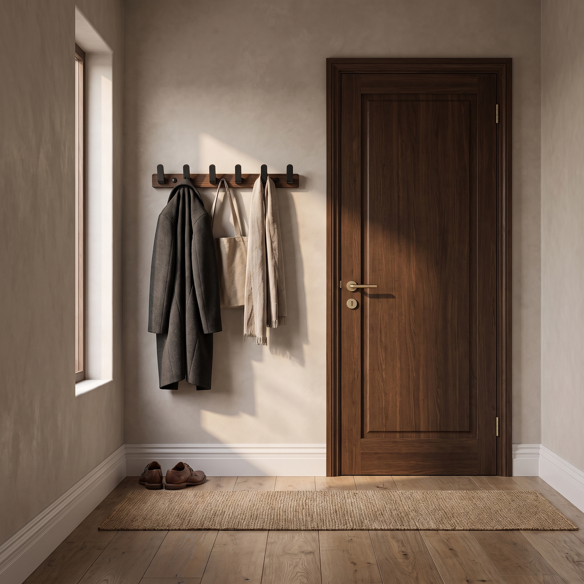 Bodhi wooden wall hooks used as a coat rack beside a timber front door with coats hanging