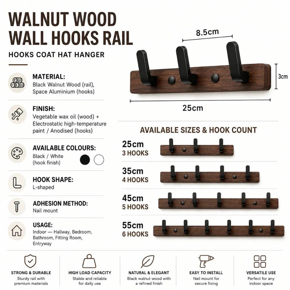 Bodhi wooden wall hooks dimensions, 25 to 55cm rails with 3 to 6 hooks spaced 8.5cm apart
