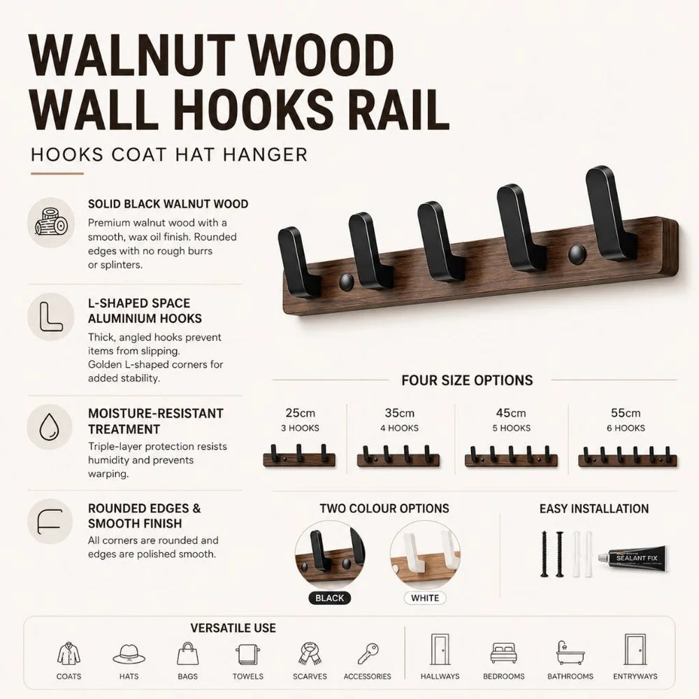 Bodhi wooden wall hooks features - walnut rail, L-shaped aluminium hooks and four size options