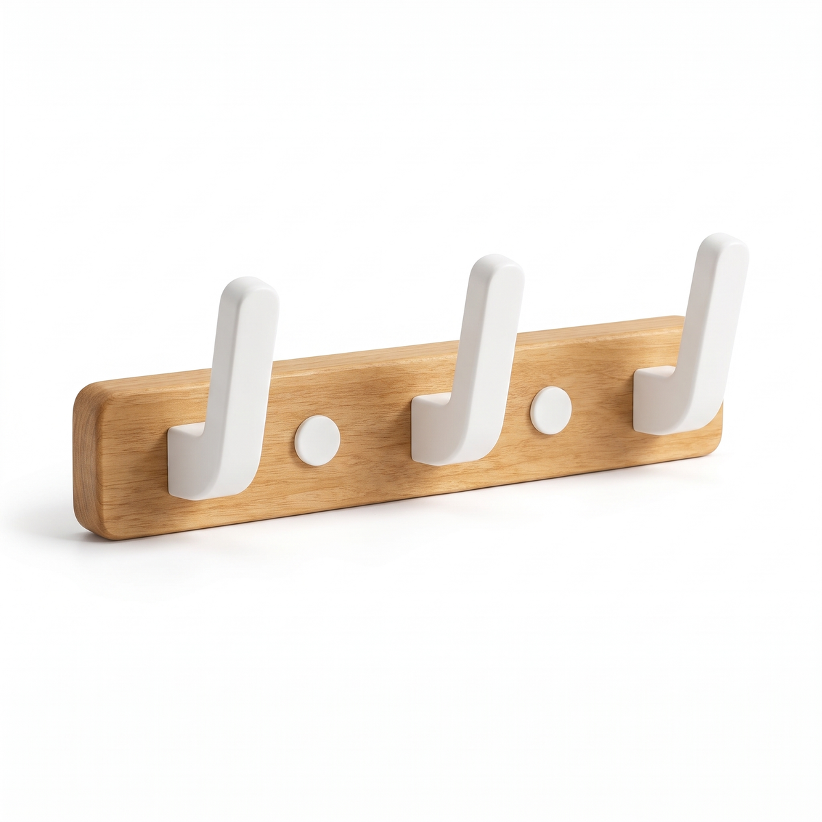 Bodhi wooden wall hooks 3 hook timber rail with white hooks on a white background