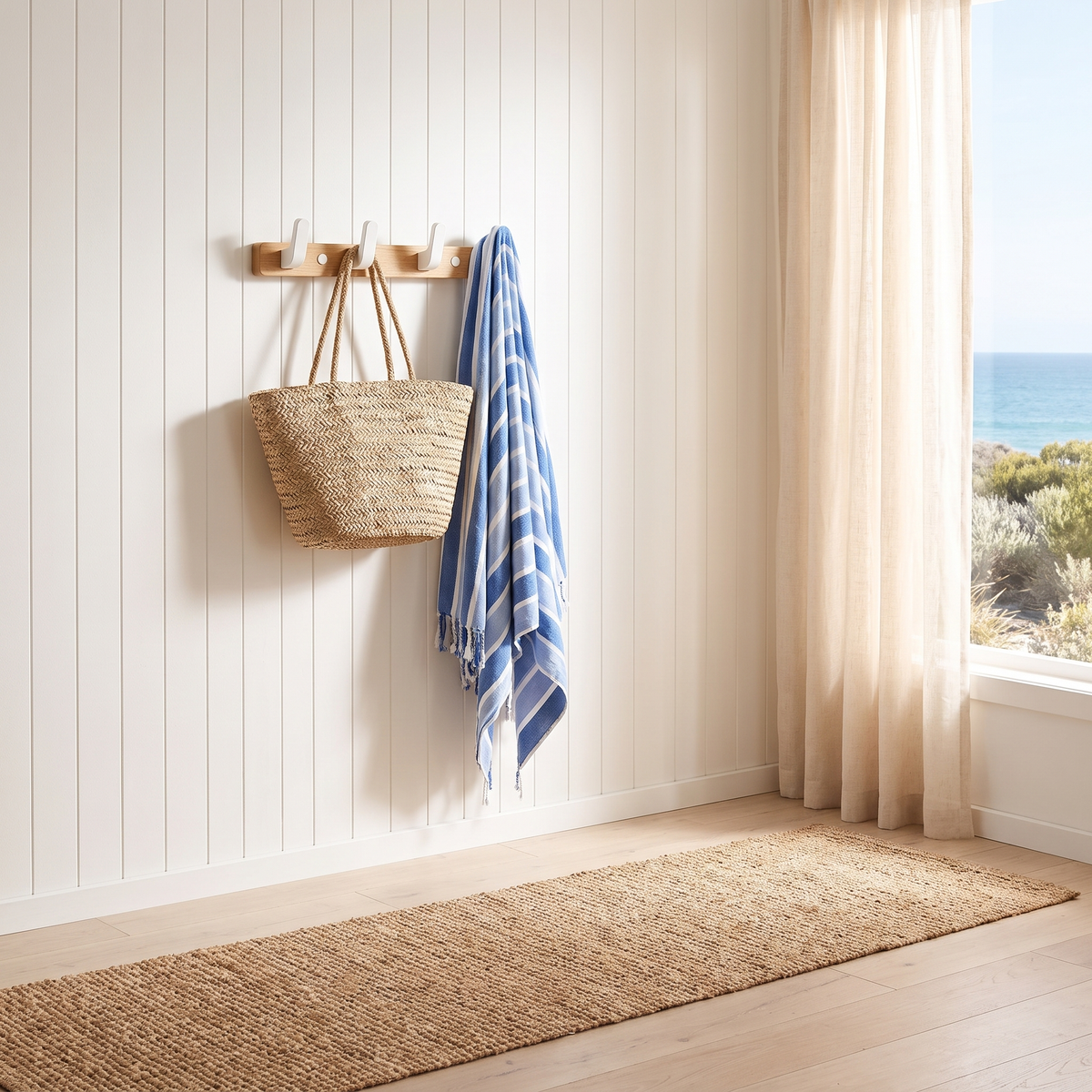Bodhi wooden wall hooks with 4 white hooks on a timber rail in an Australian beach house entry