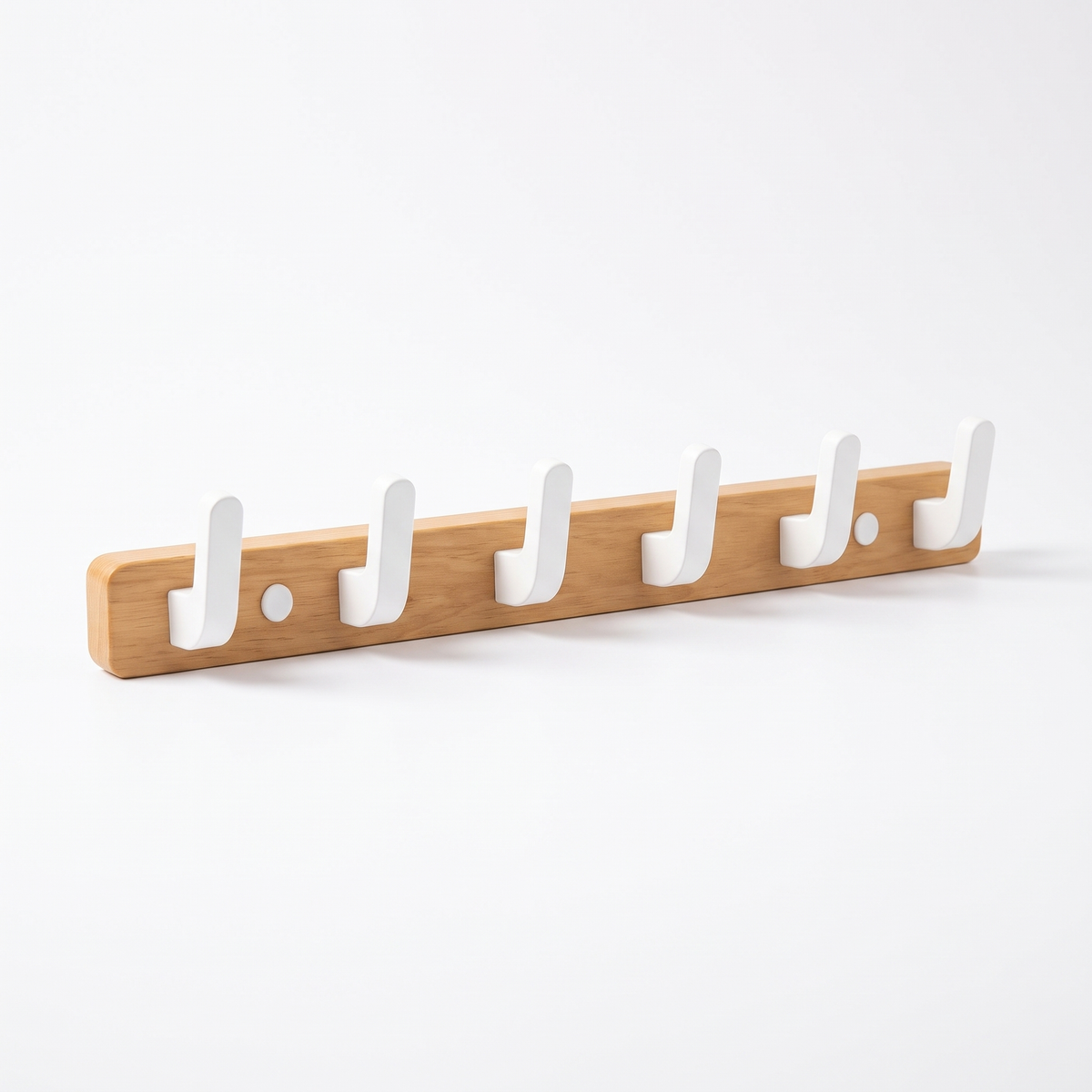 Bodhi wooden wall hooks 6 hook timber rail with white hooks on a white background
