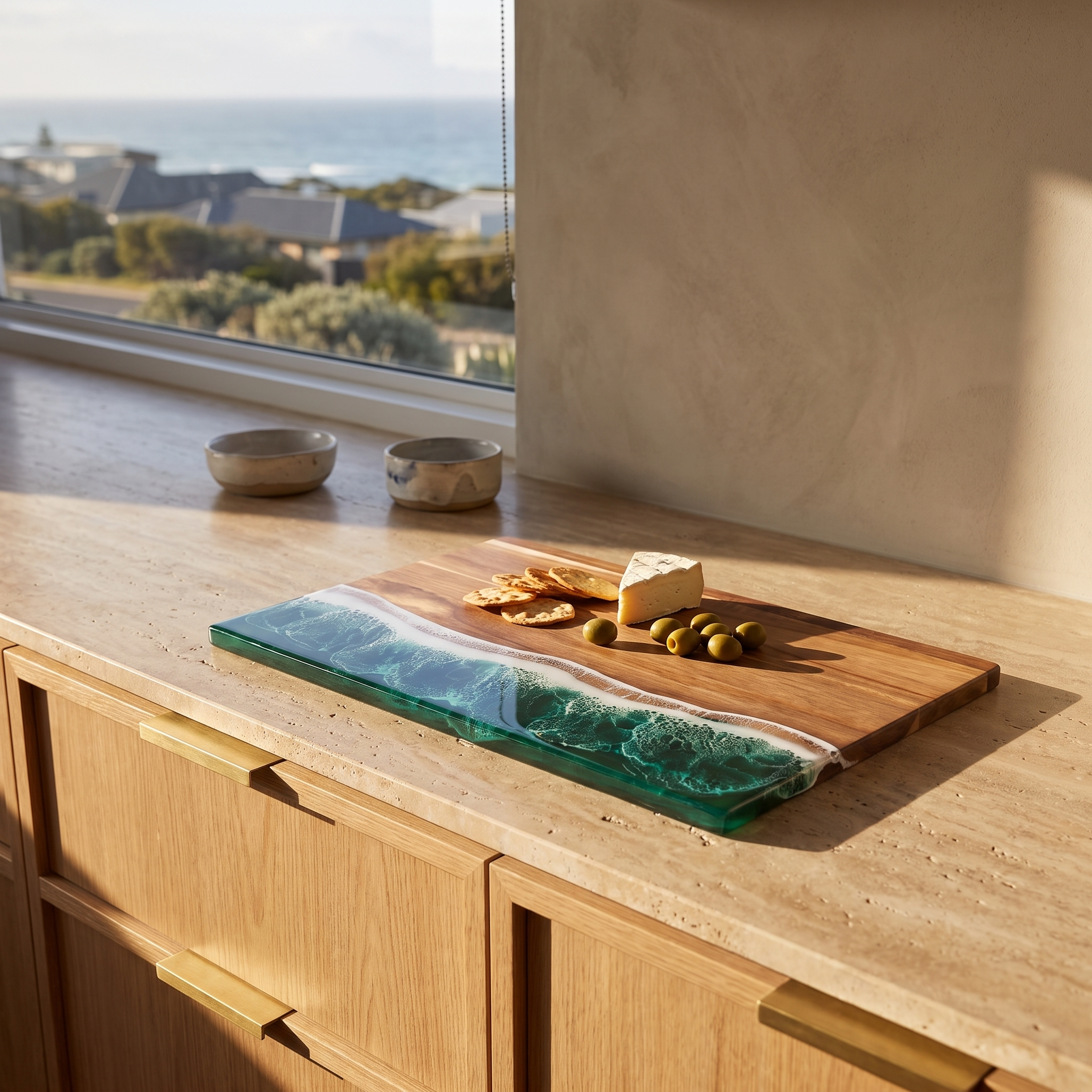 Bondi acacia chopping board styled with cheese, crackers and olives on a travertine kitchen bench
