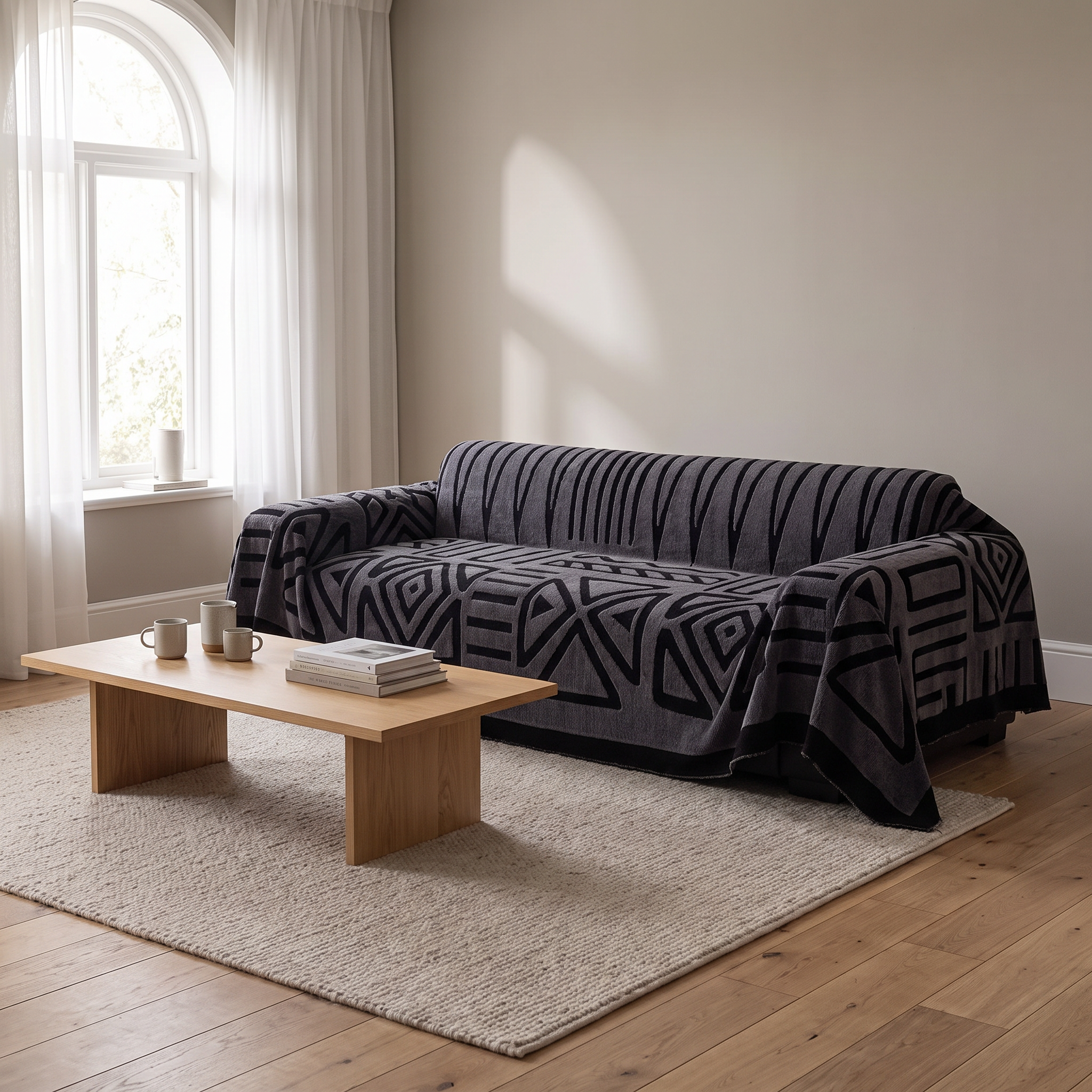 Breck jacquard maze sofa cover in Charcoal Black styled in a Scandinavian living room