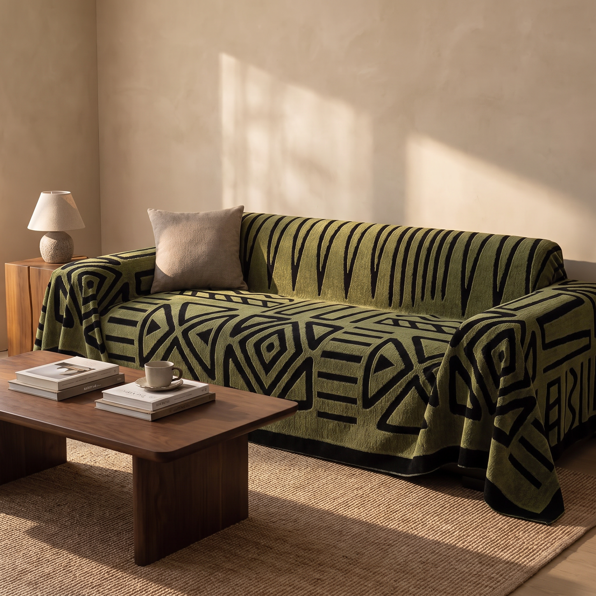 Breck jacquard maze sofa cover in Olive Green styled in a warm textured living room