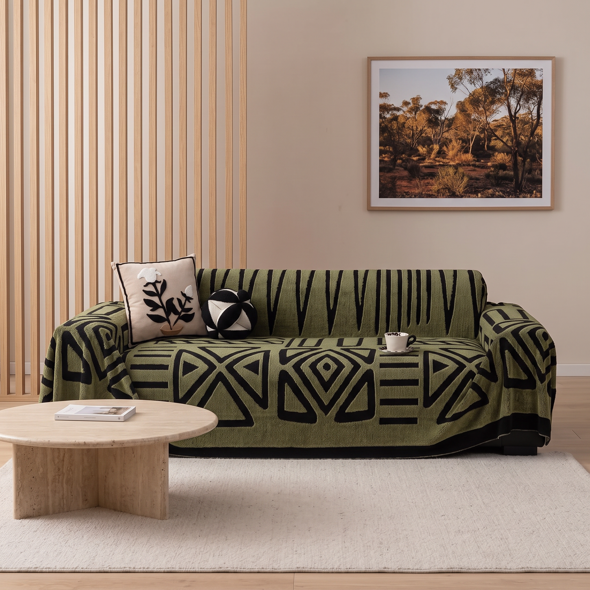Breck jacquard maze sofa cover in Rust Brown styled in a Japandi living room