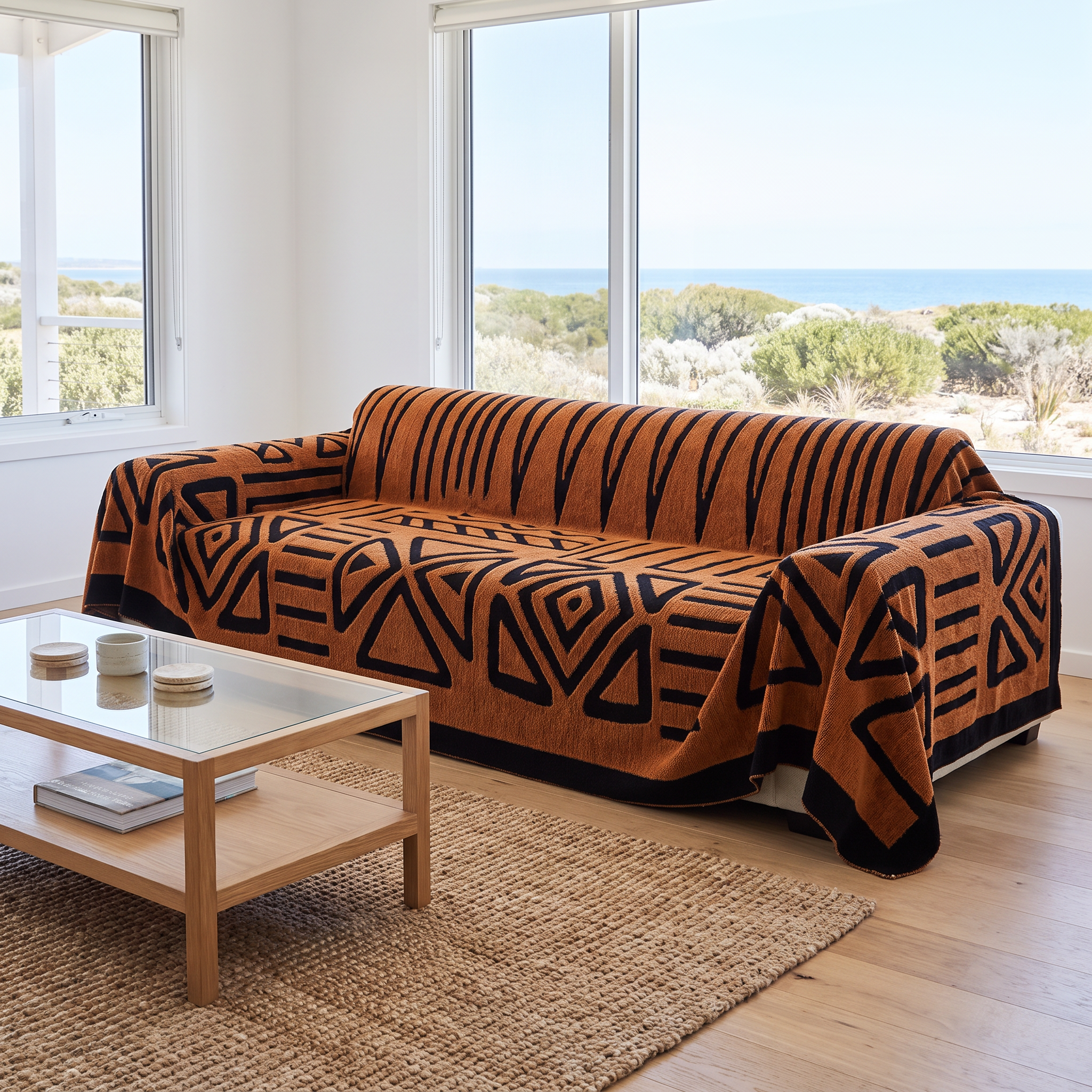 Breck jacquard maze sofa cover in Sand Ivory styled in a bright beach house living room