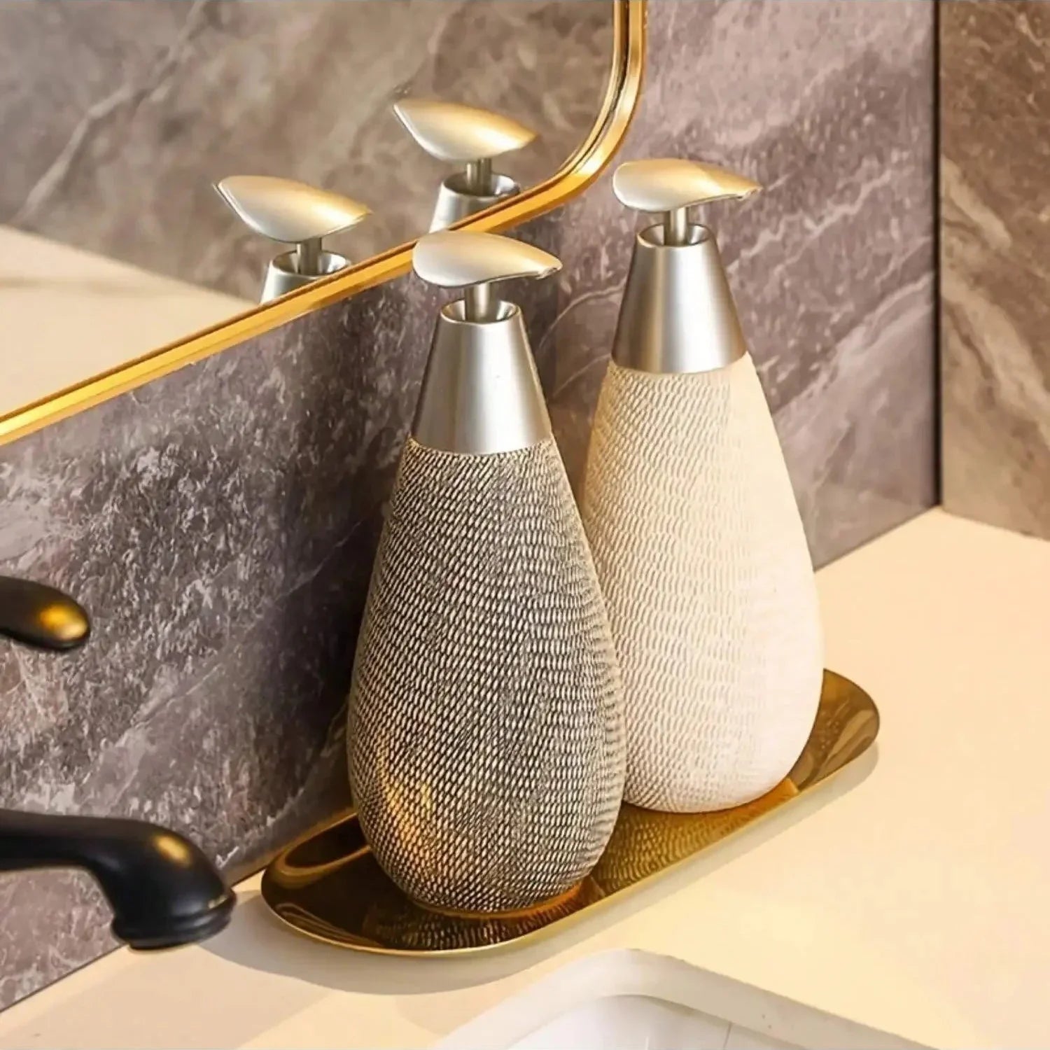 Brelon Ceramic Soap Dispenser styled in a farmhouse-inspired bathroom