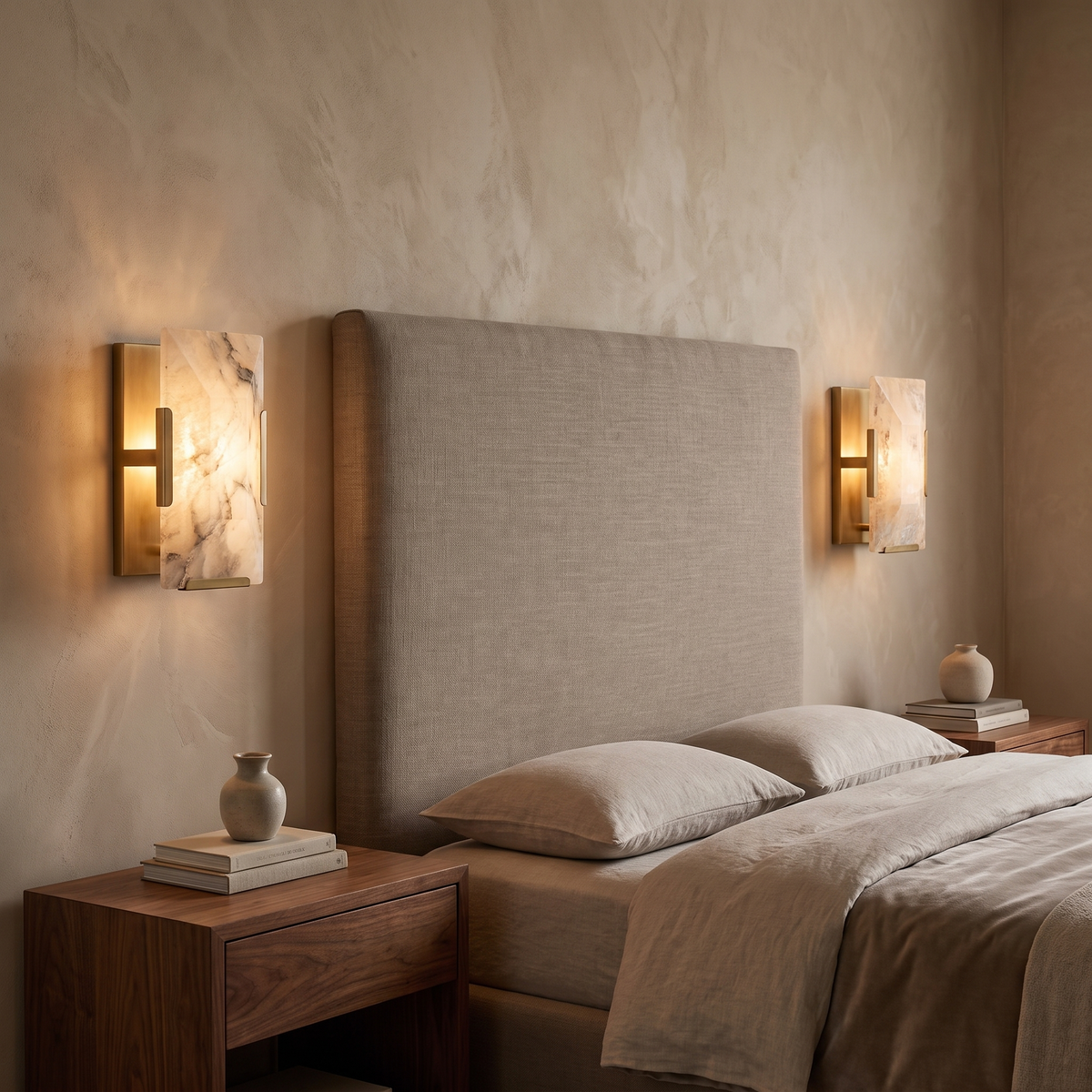 Bunga alabaster wall light in gold in a bedroom