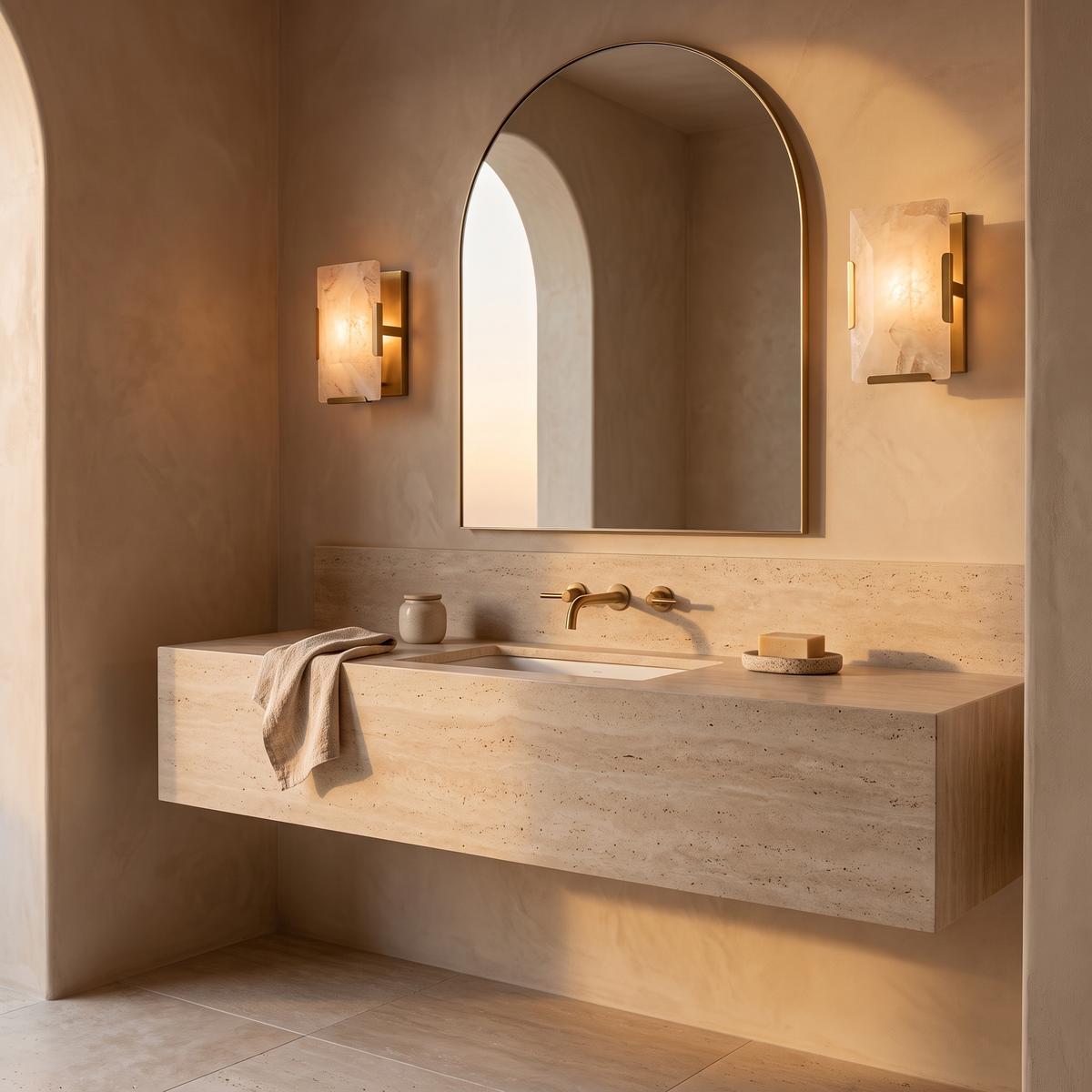 Bunga alabaster wall light in gold in an ensuite