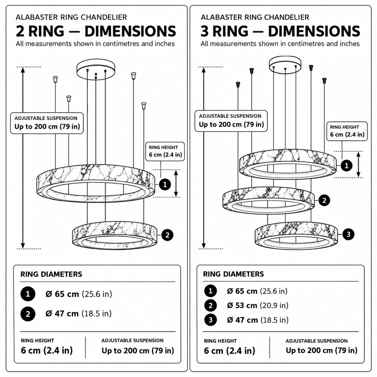 Byron chandelier dimensions, 2 rings 65 and 47cm, 3 rings 65, 53 and 47cm, 6cm ring height, 200cm drop