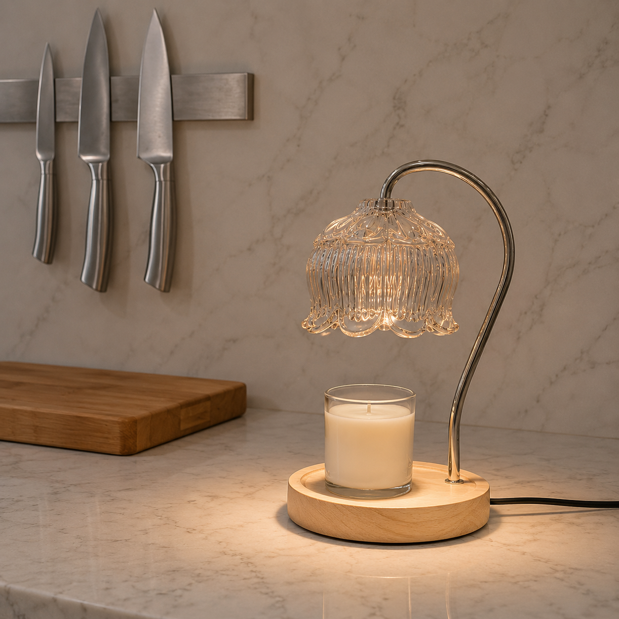 Caba glass candle warmer lamp in oak finish close-up detail