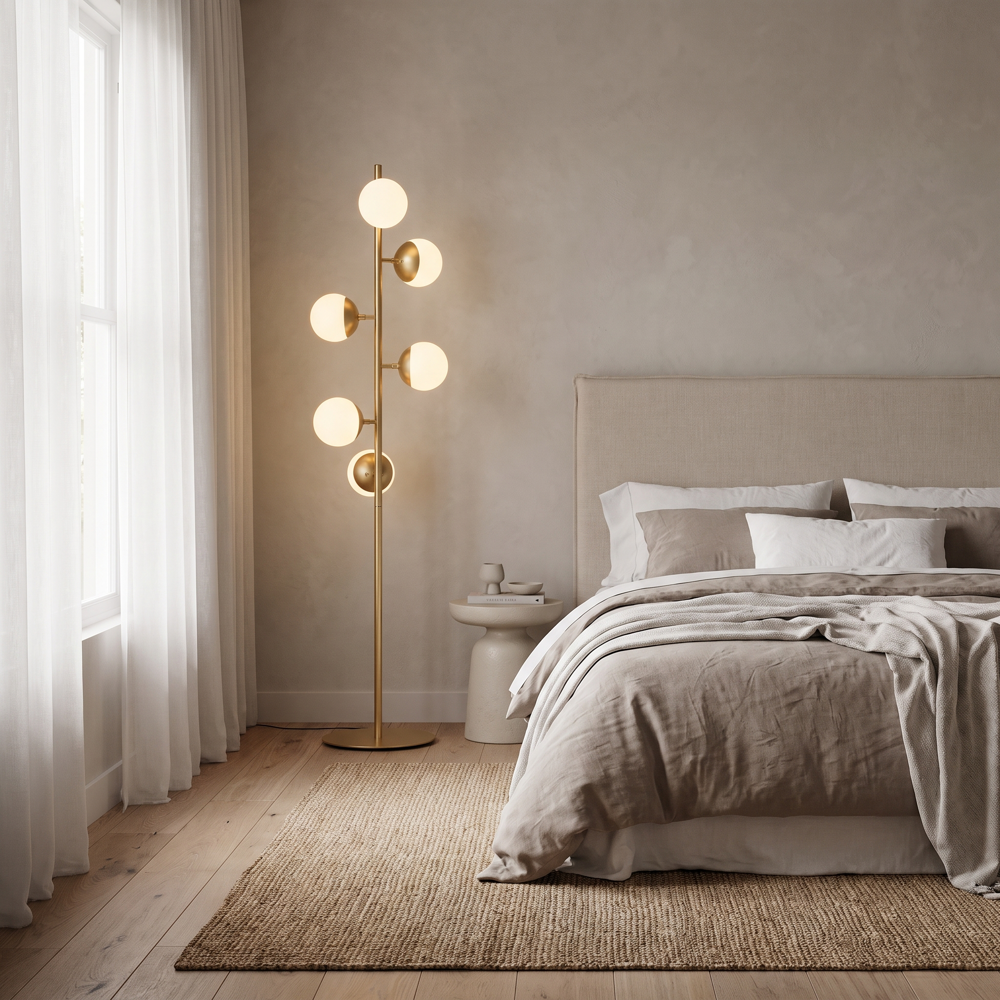 Cactus gold glass-globe floor lamp in the corner of a coastal beach house bedroom